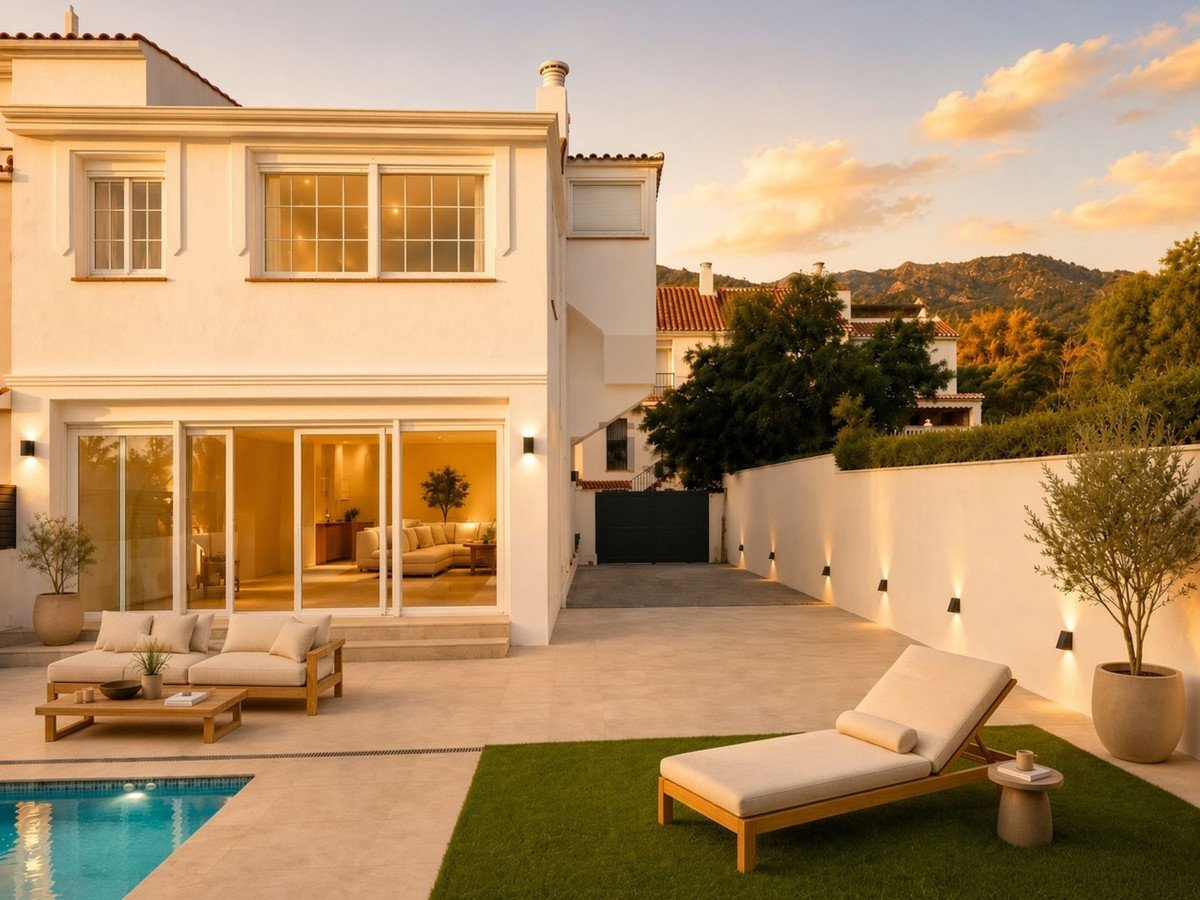 Modern house with a patio, swimming pool, and lounge chair with a view of the hills.