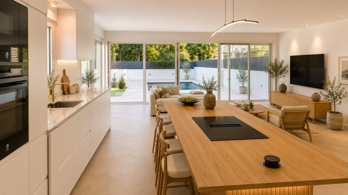 Open-plan living area with modern kitchen, dining table, sofa, TV, and pool view through large glass doors.
