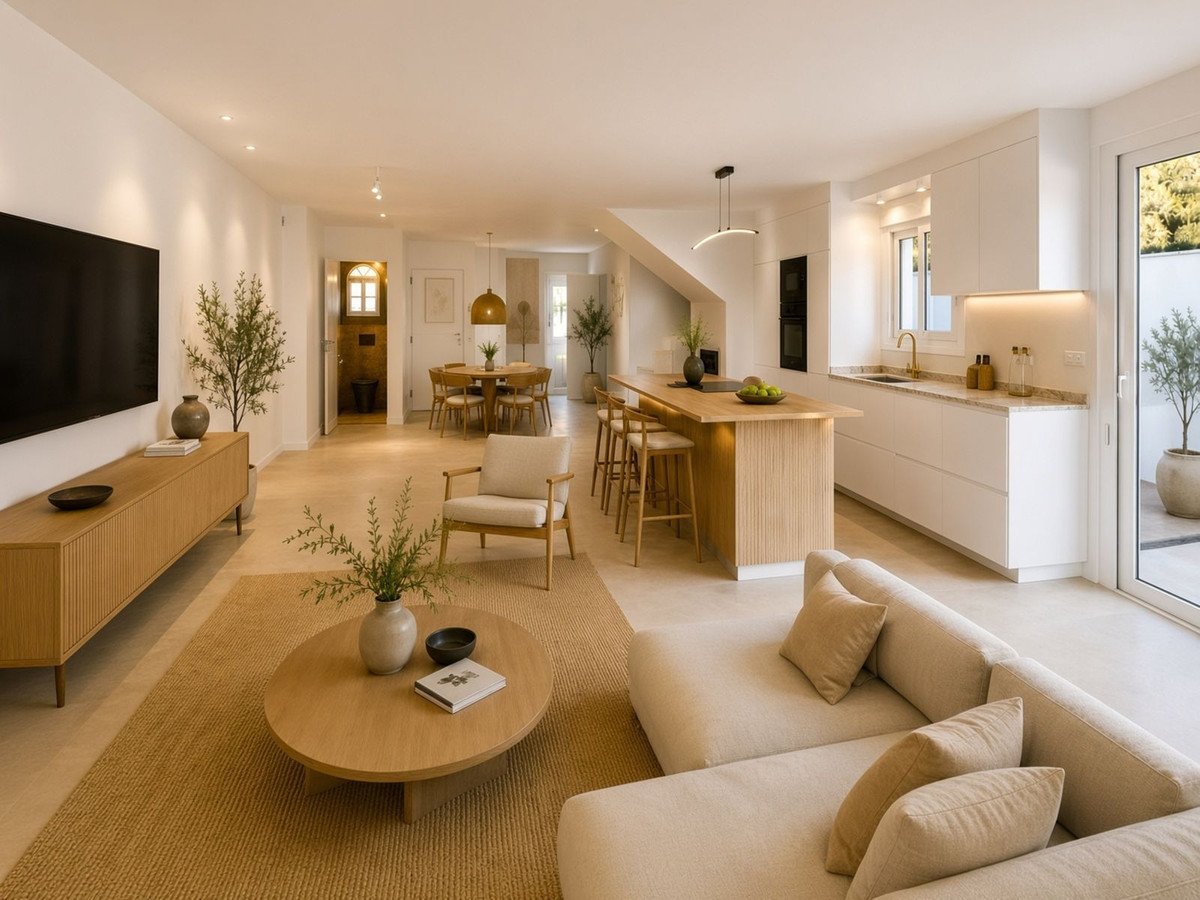 Spacious open-plan living, dining, and kitchen area with natural light, modern furniture, and island counter.