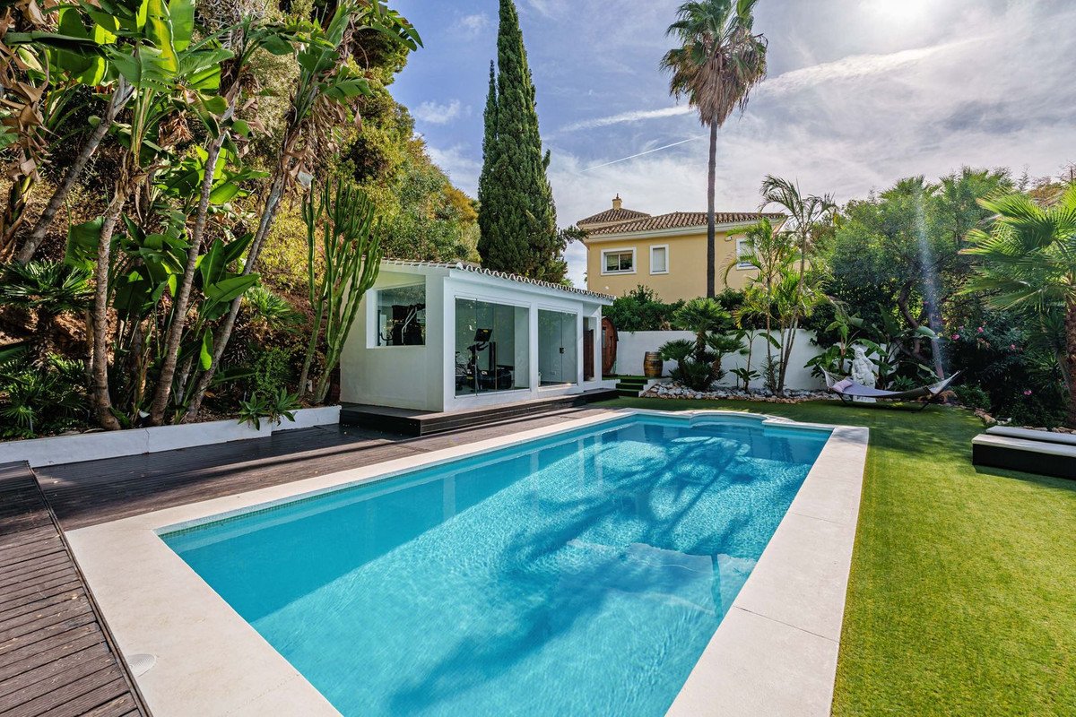 Luxurious swimming pool with garden and house view