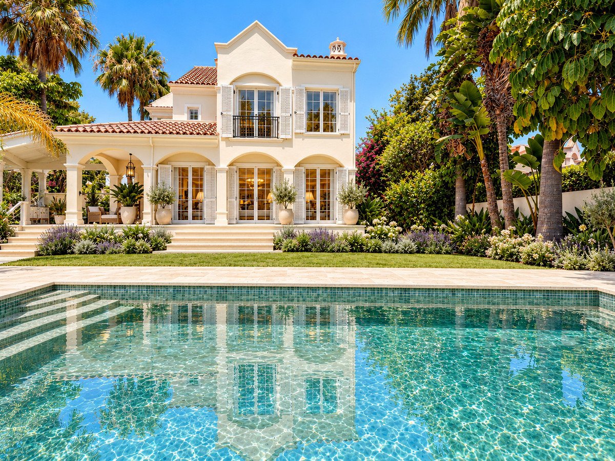 A luxurious villa with a shimmering blue swimming pool and lush, manicured gardens, featuring palm trees and vibrant flowers.