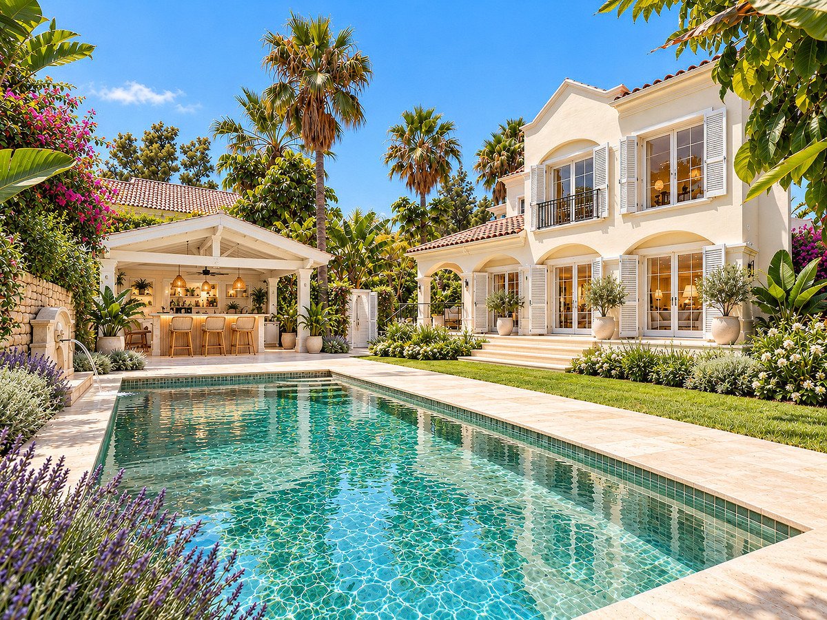 Luxurious villa with a swimming pool and outdoor bar, surrounded by lush tropical gardens and palm trees under a clear blue sky.