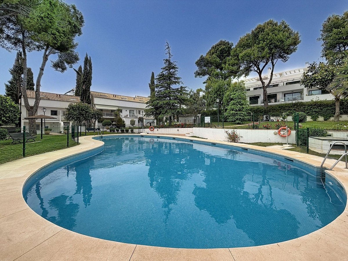 Large outdoor swimming pool surrounded by trees and a white building
