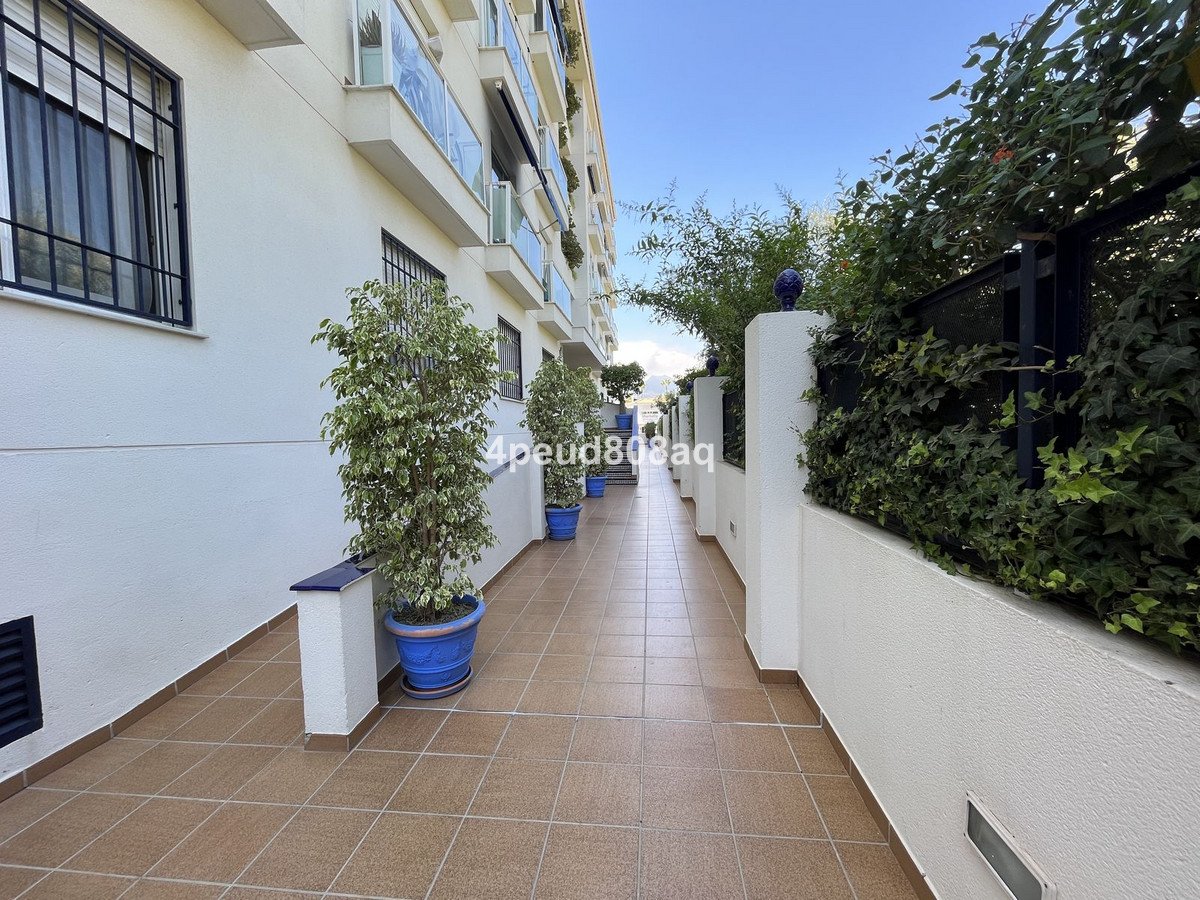 A tiled terrace with potted plants, leading towards a building with balconies, surrounded by lush greenery and a fence.