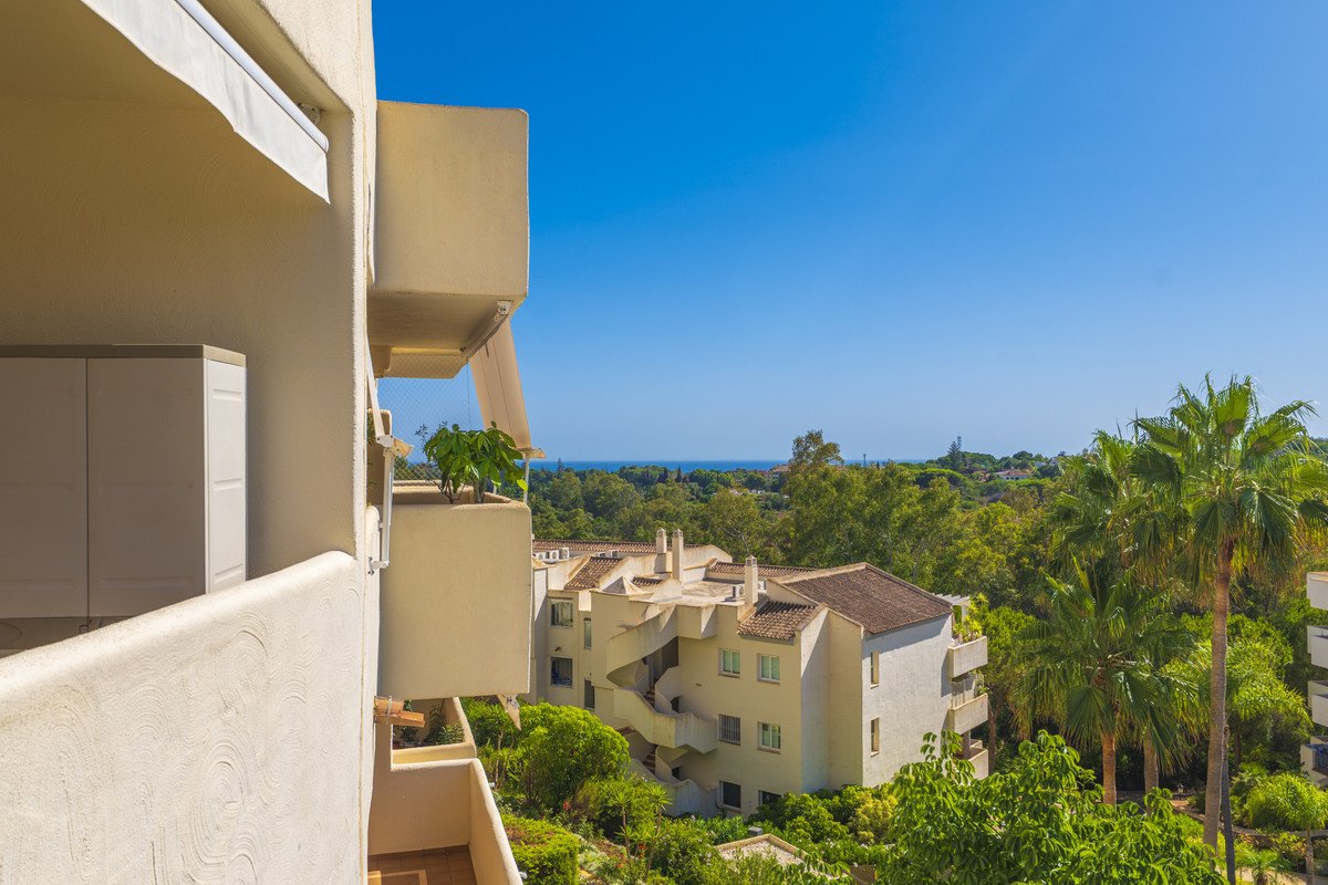 Balcony view overlooking lush green trees and distant sea under a clear blue sky.