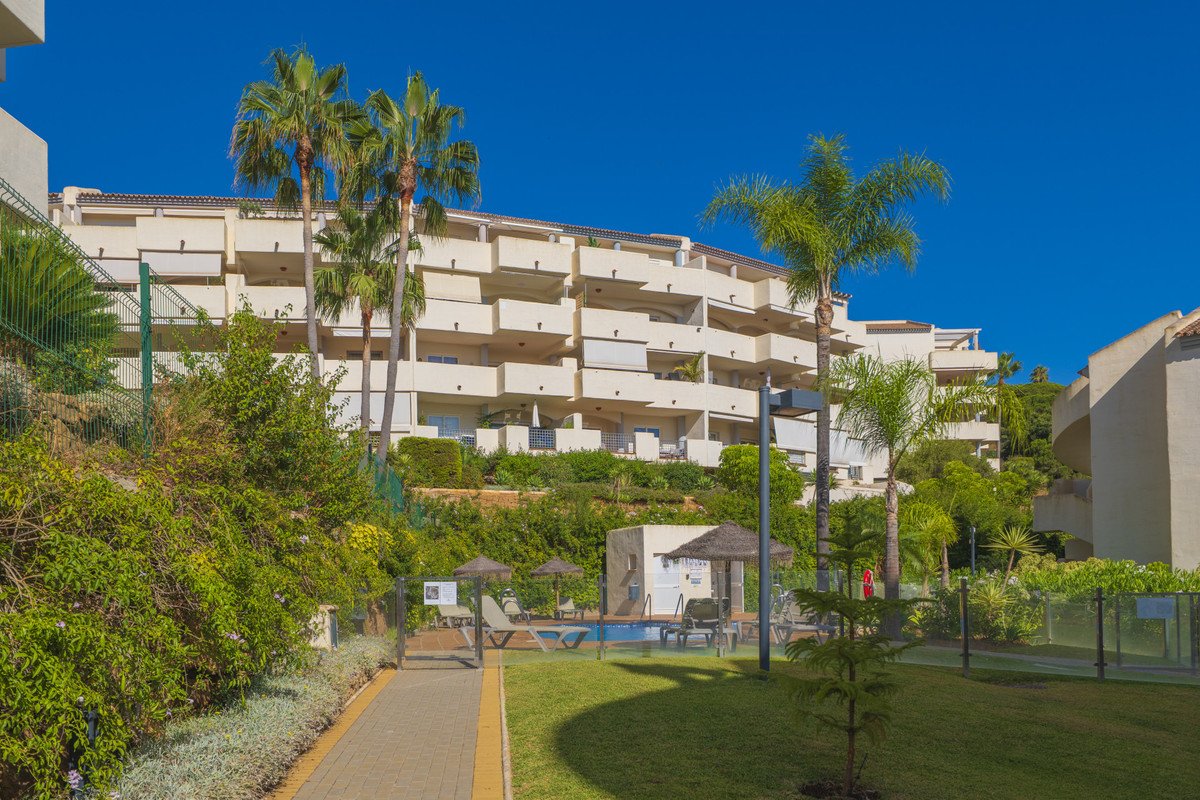 Exterior view of a modern apartment complex with balconies, palm trees, a swimming pool, and green garden areas on a sunny day.