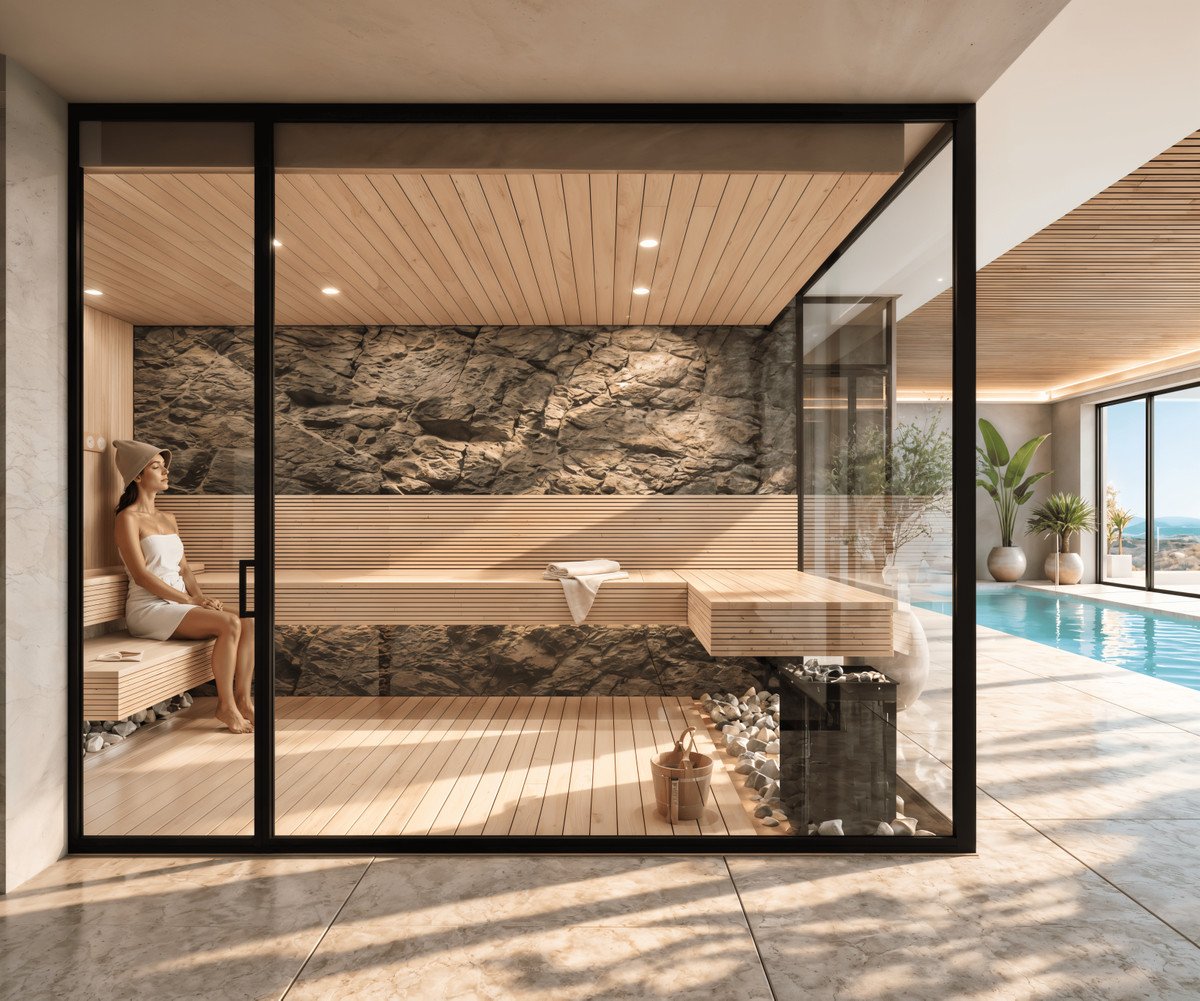 Woman relaxing in a modern glass-enclosed sauna with a stone wall, wooden benches, and a view of an indoor swimming pool.