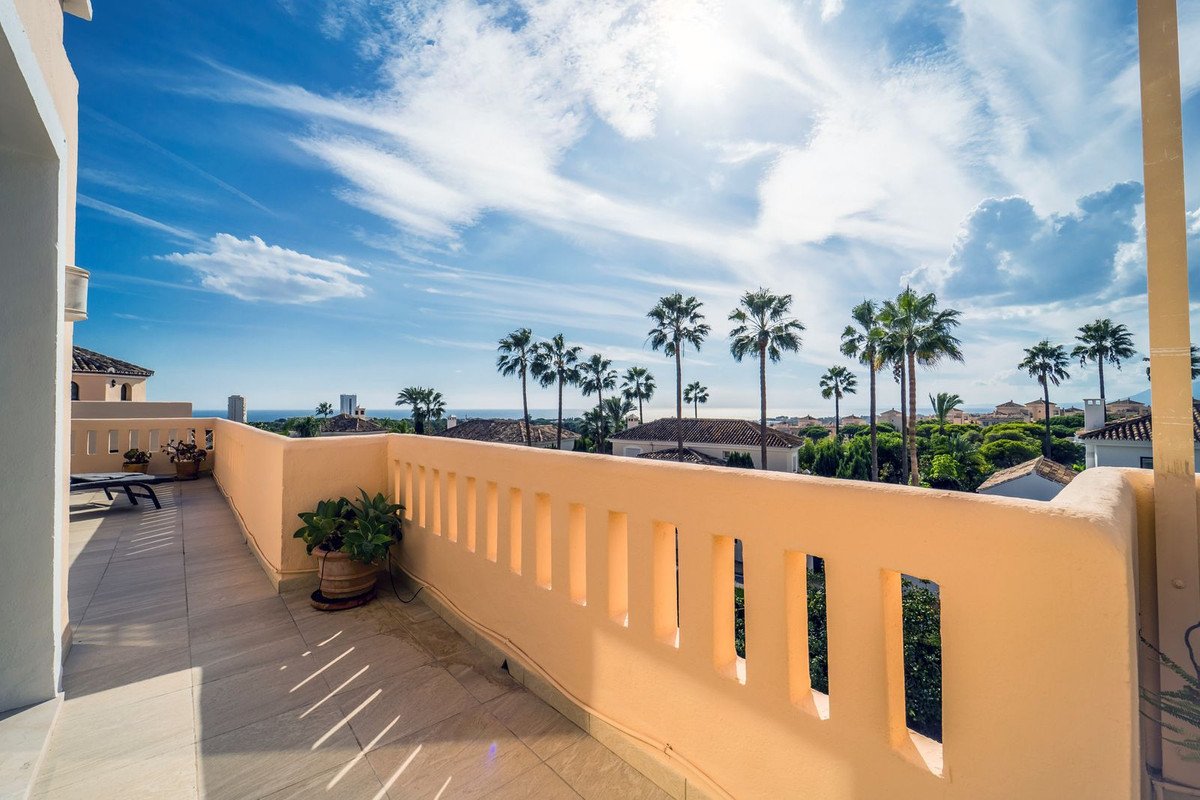 Spacious terrace with a sea view and palm trees under a blue sky with clouds.
