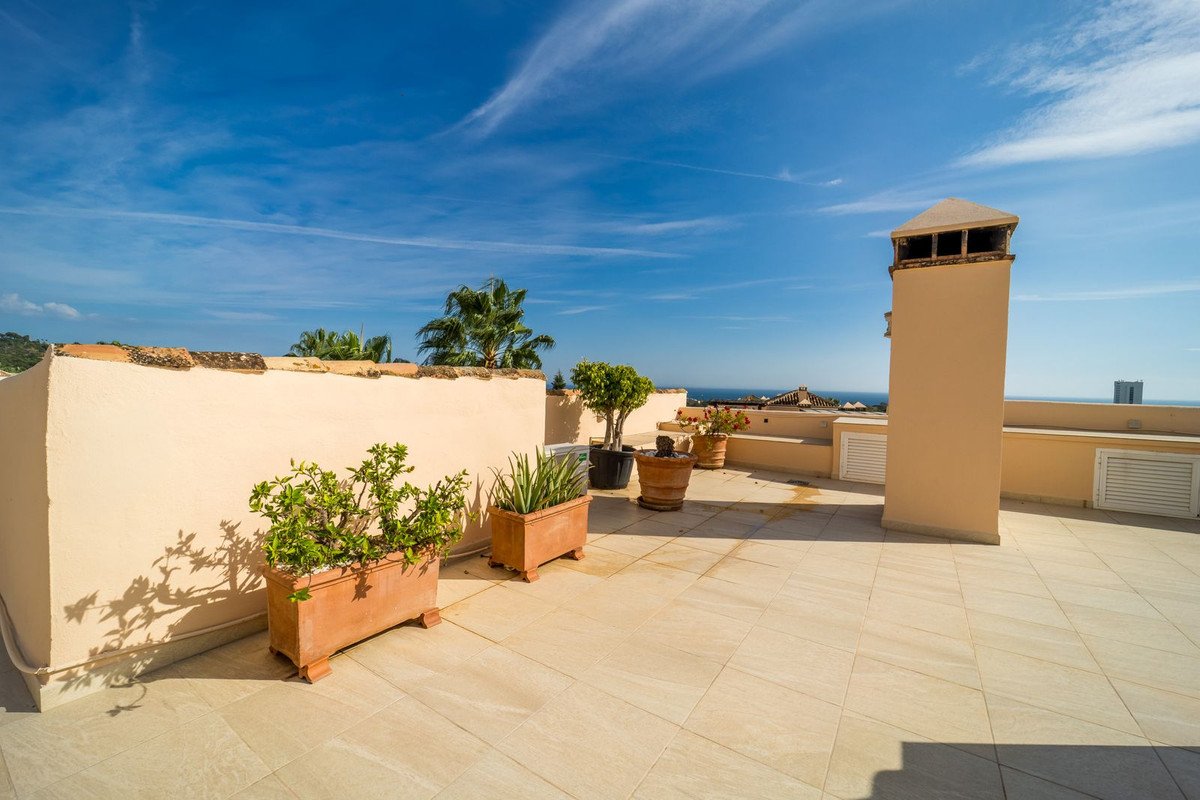 A spacious terrace with potted plants, a chimney, and a distant view of the sea under a blue sky.