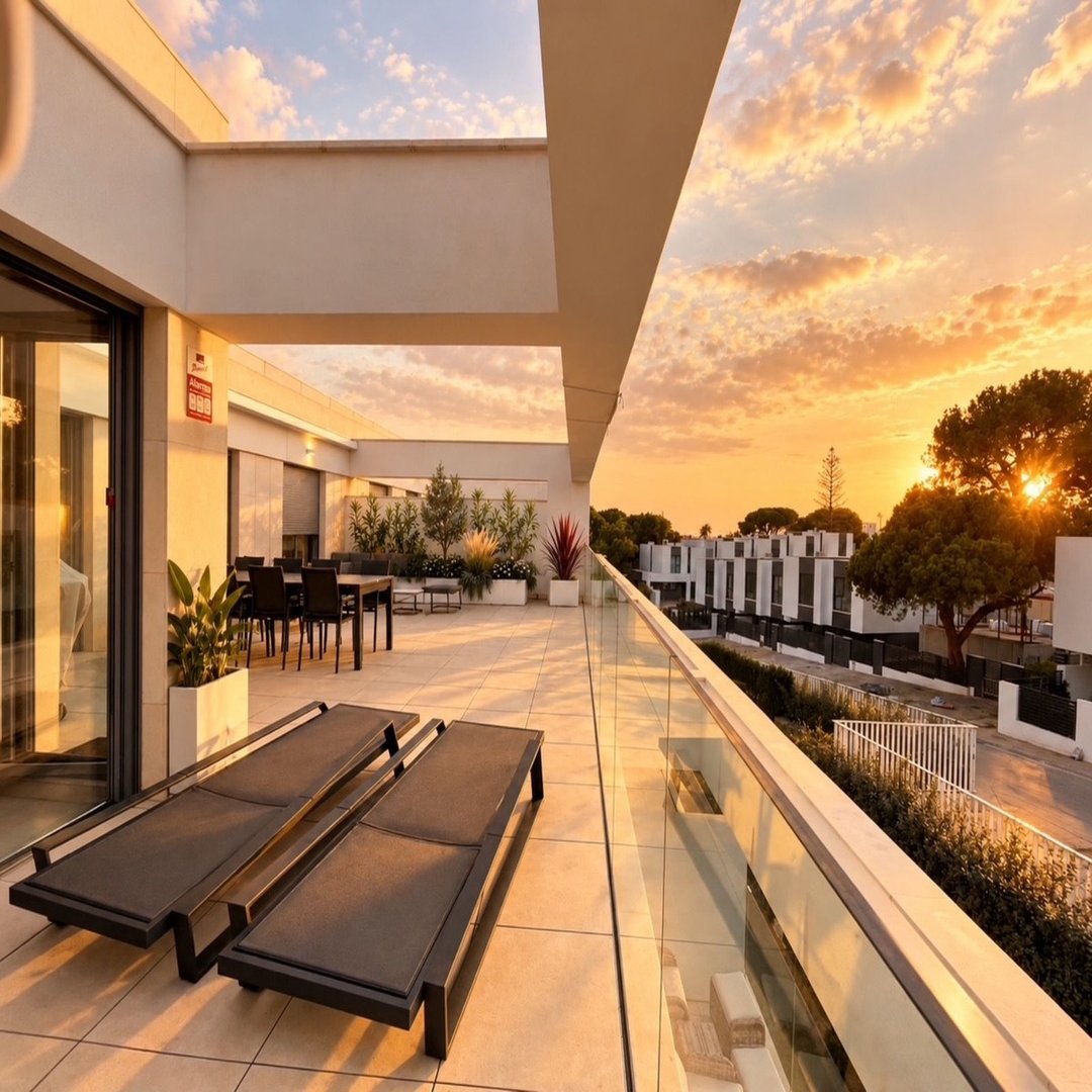 Modern rooftop terrace with lounge chairs, dining area, and sunset view over buildings.