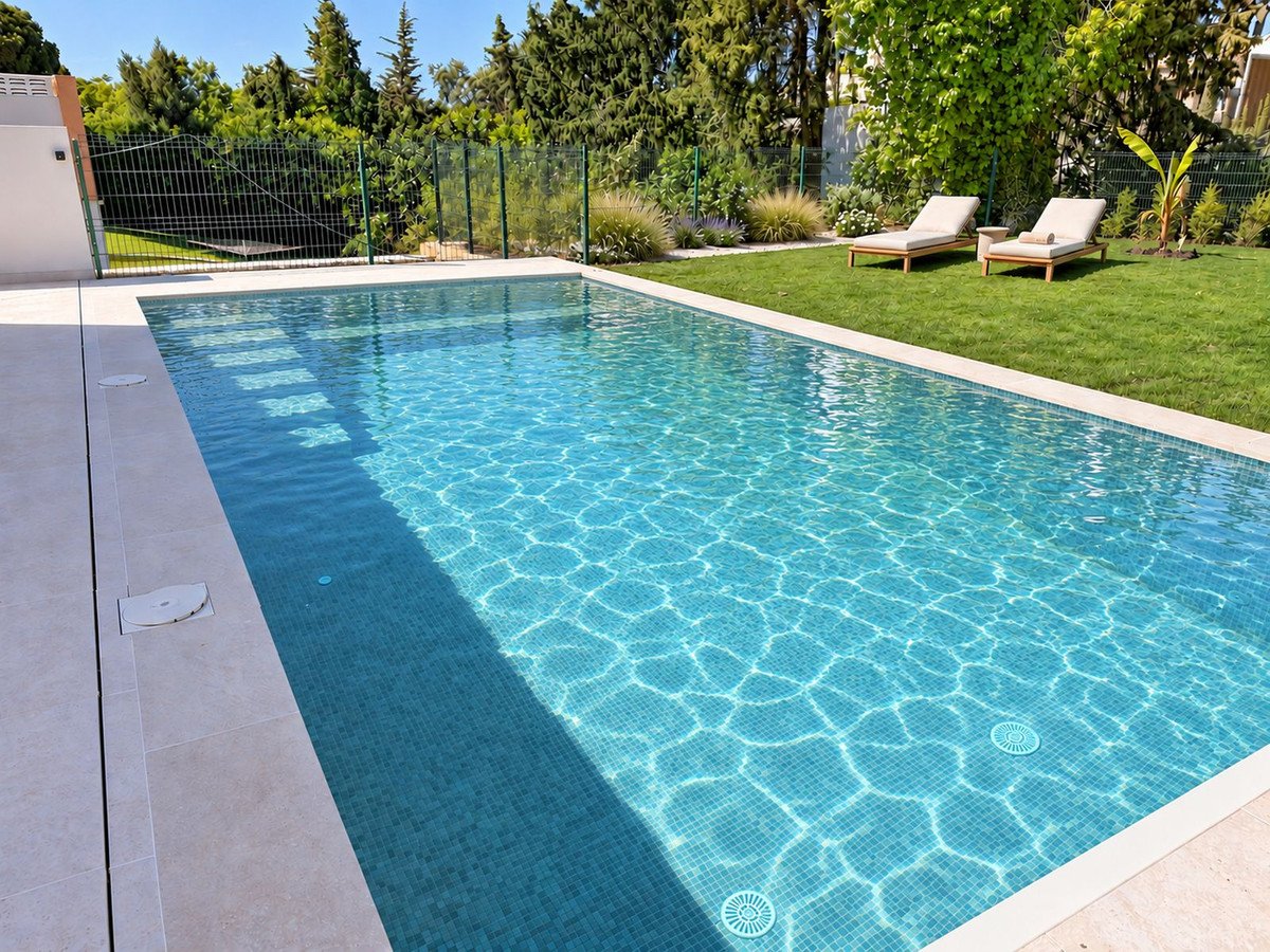 A backyard swimming pool with clear blue water, surrounded by a lawn and two lounge chairs.