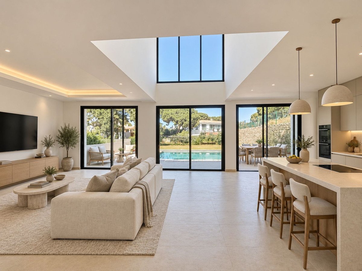 Modern living room with large windows overlooking a pool and garden.