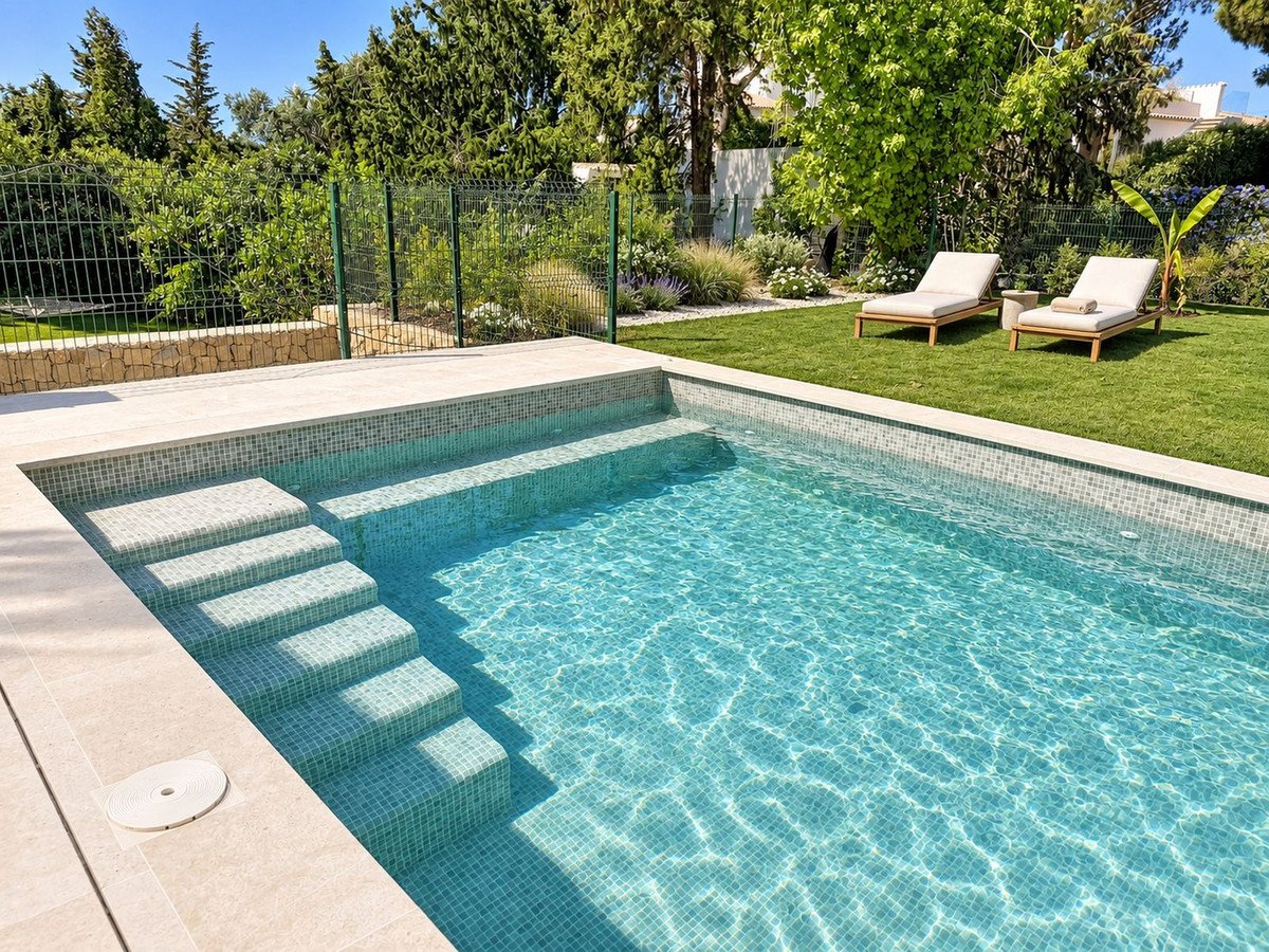 Backyard swimming pool with tiled steps, lawn, and two loungers