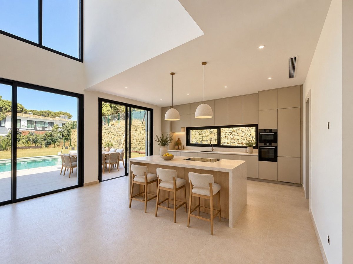 Modern kitchen with island, pendant lights, and view of outdoor pool area