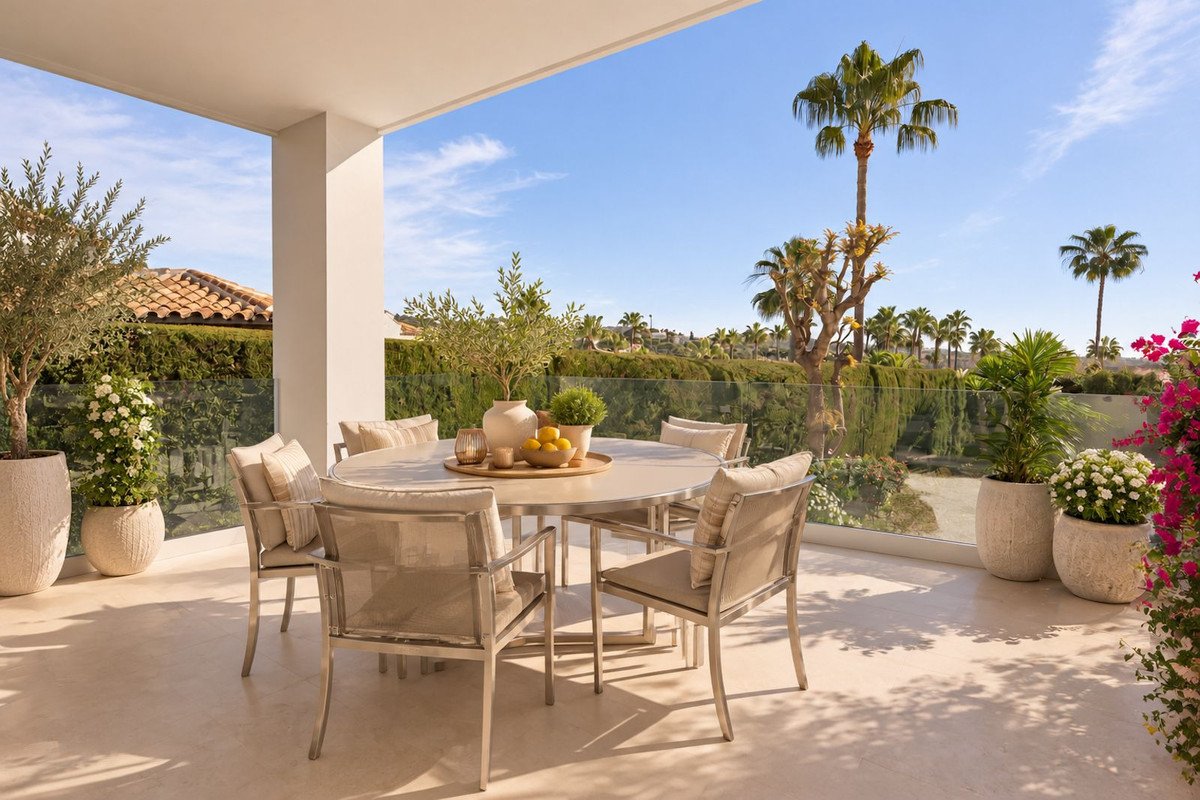 A covered terrace with a dining table and chairs, offering a picturesque view of palm trees and the sea.