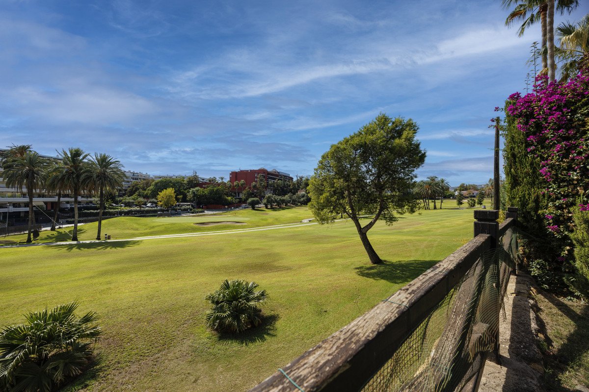 Balcony view of a golf course with palm trees and clear blue sky