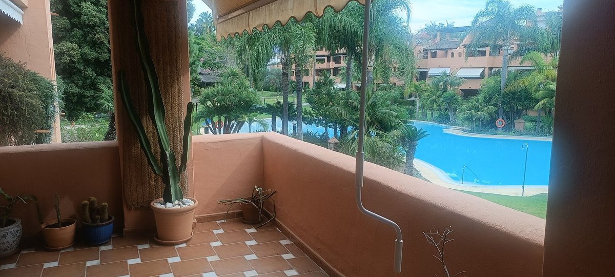 Balcony overlooking a resort-style pool with palm trees and apartment buildings in the background.