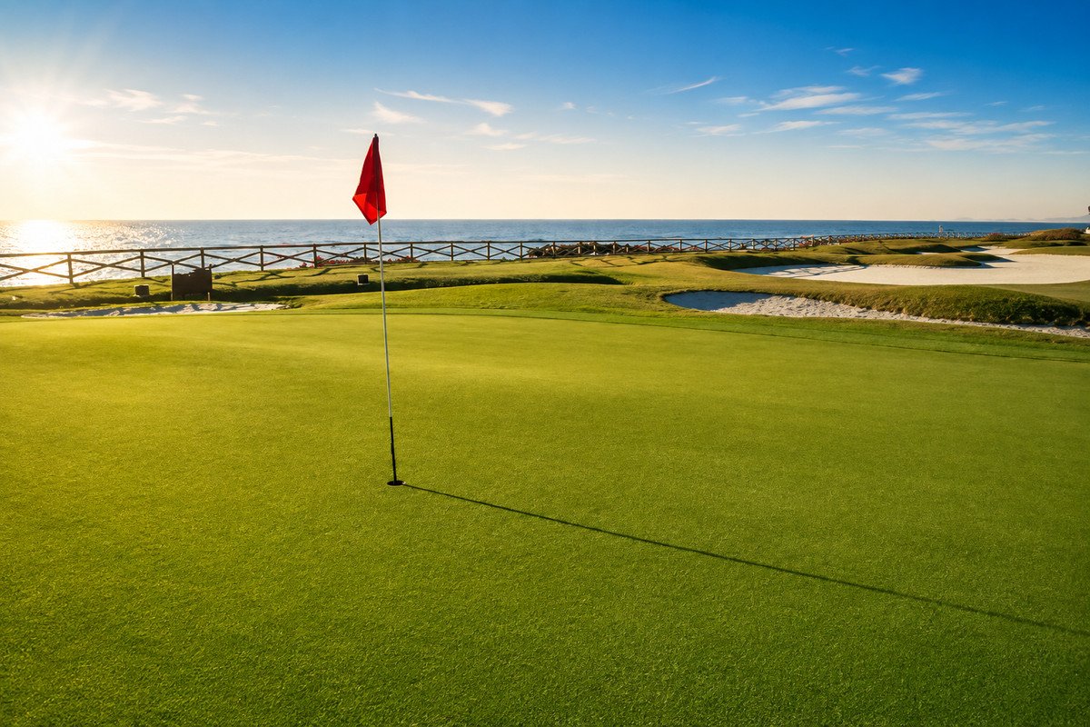 A pristine golf course green with a flagstick, overlooking the ocean under a bright blue sky.