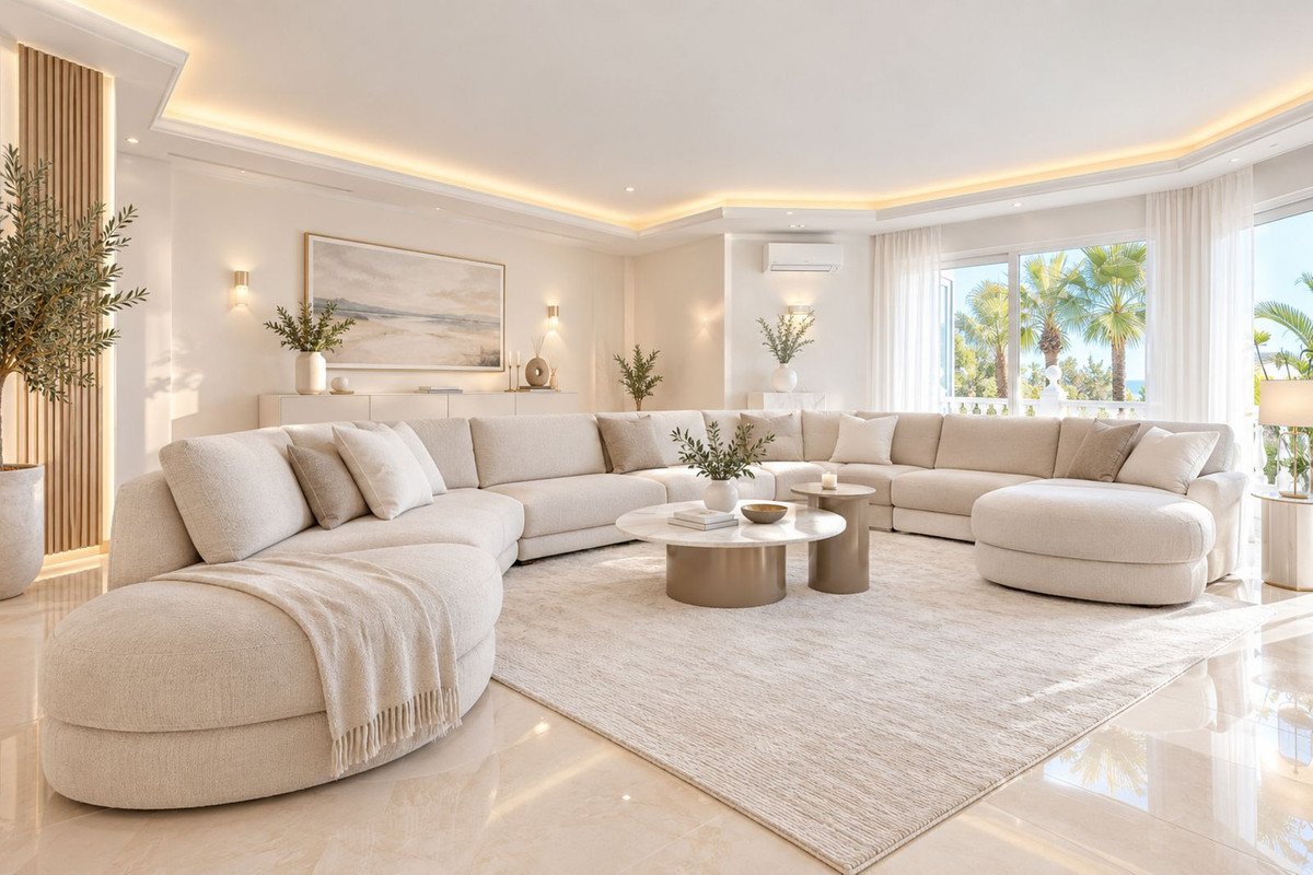 Spacious contemporary living room with a large sectional sofa, coffee table, and ocean and palm tree views through large windows.