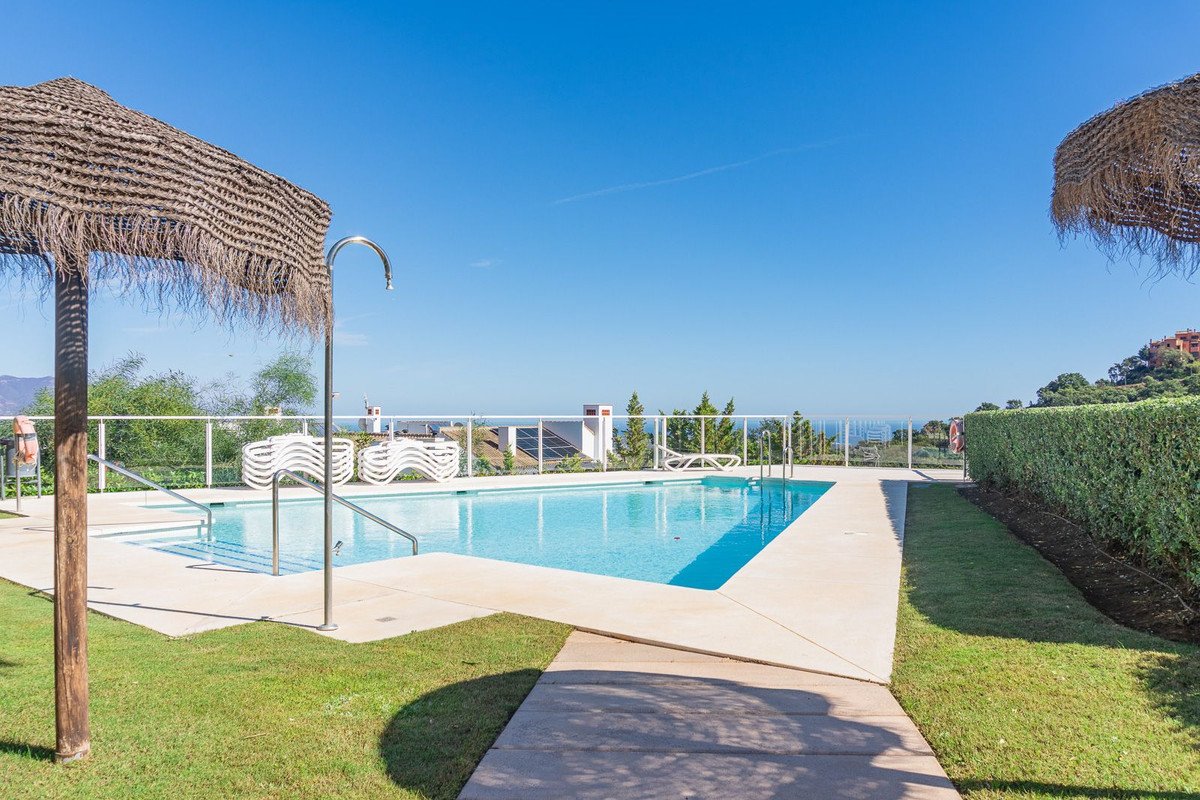 Outdoor swimming pool with sea view, grassy area, and thatched umbrellas