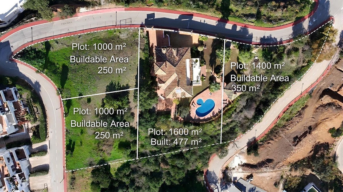 Aerial view of a property with a swimming pool and three marked plots of land, showcasing different sizes and buildable areas.