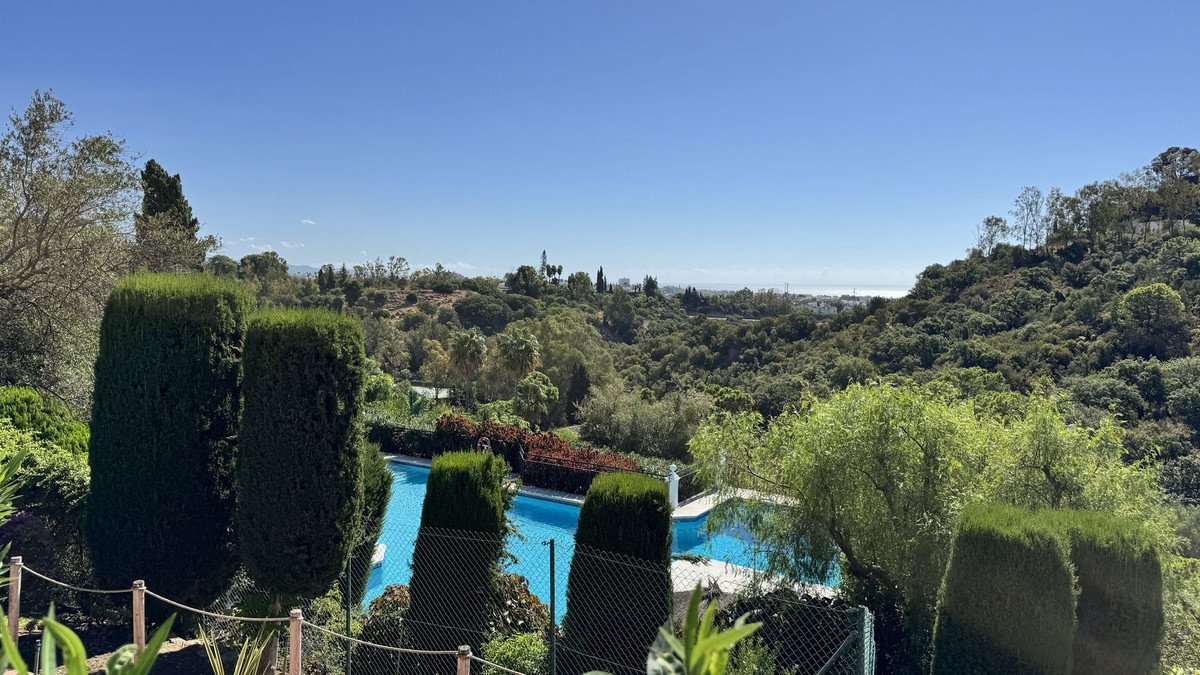 View of a swimming pool and lush green hillside under a clear blue sky. Distant sea visible on the horizon.