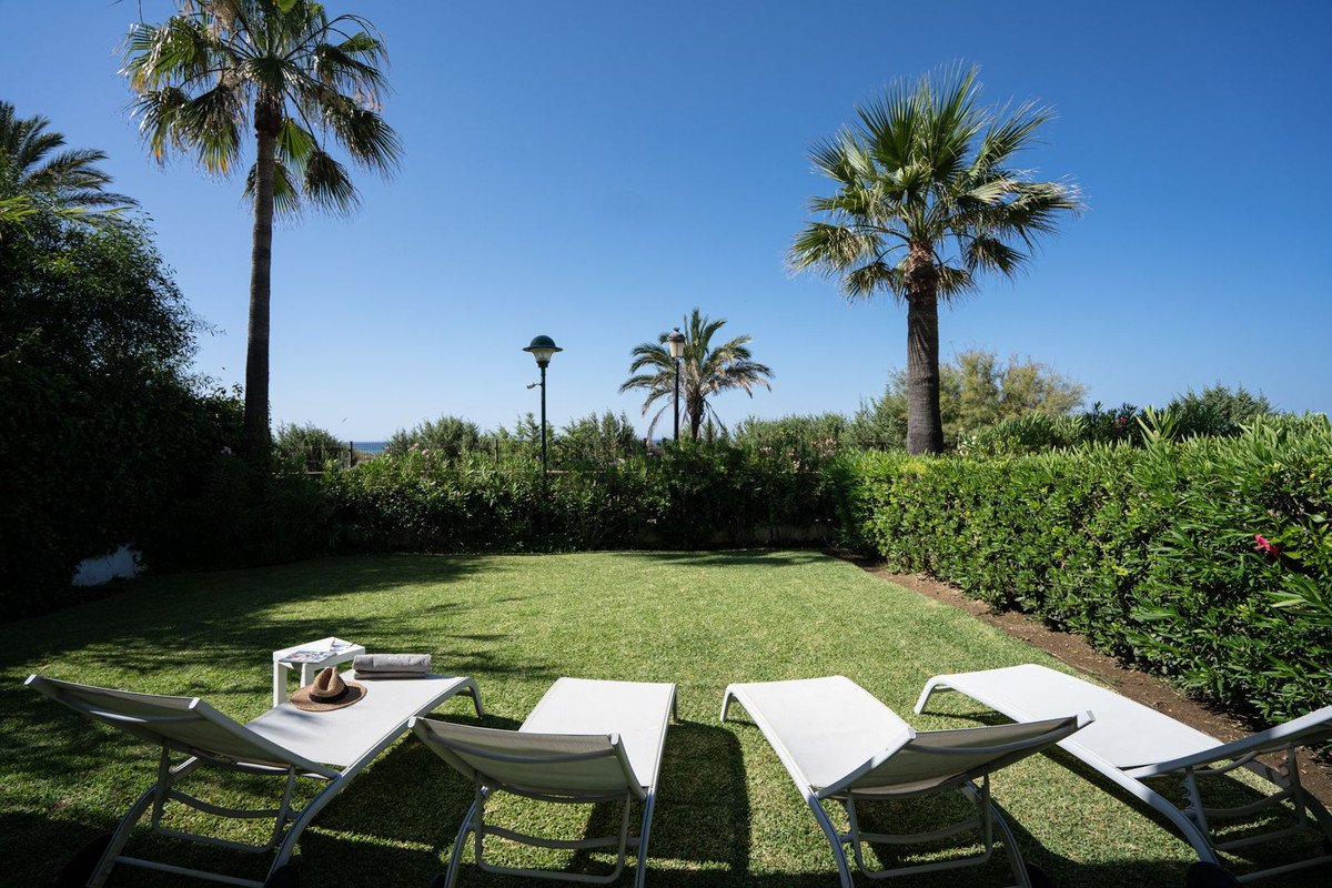 Lush green garden with lounge chairs, palm trees, hedges, and a distant view of the ocean under a clear blue sky.