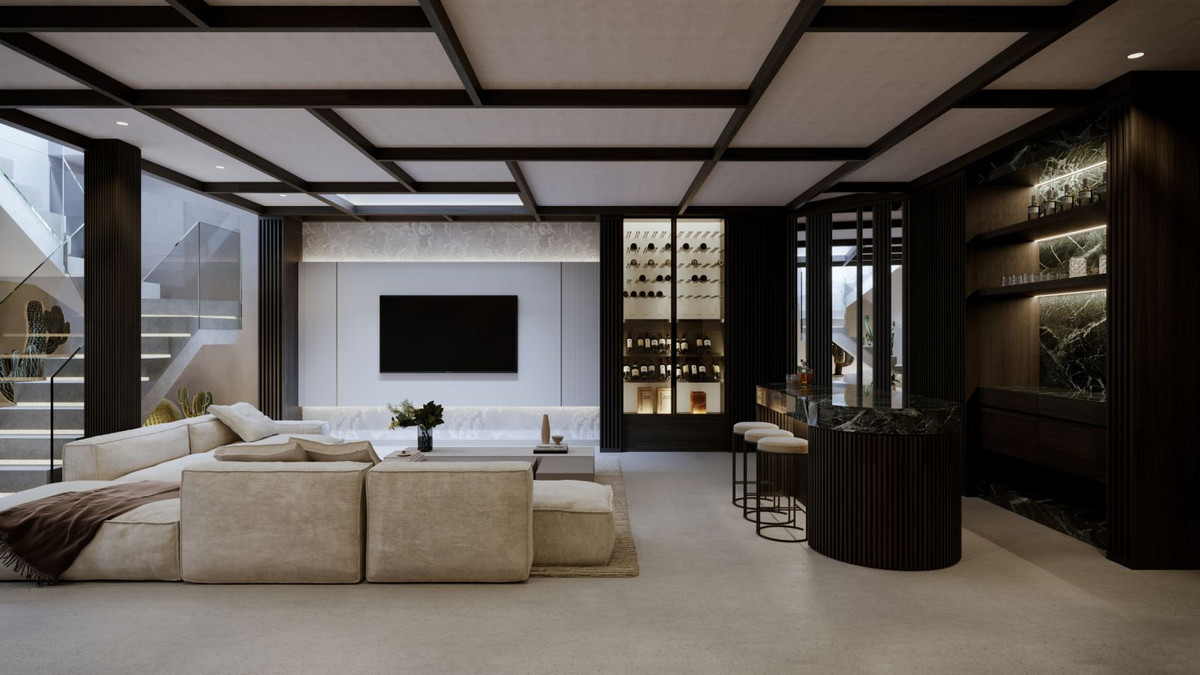 Luxe woonkamer met bar en wijncollectie