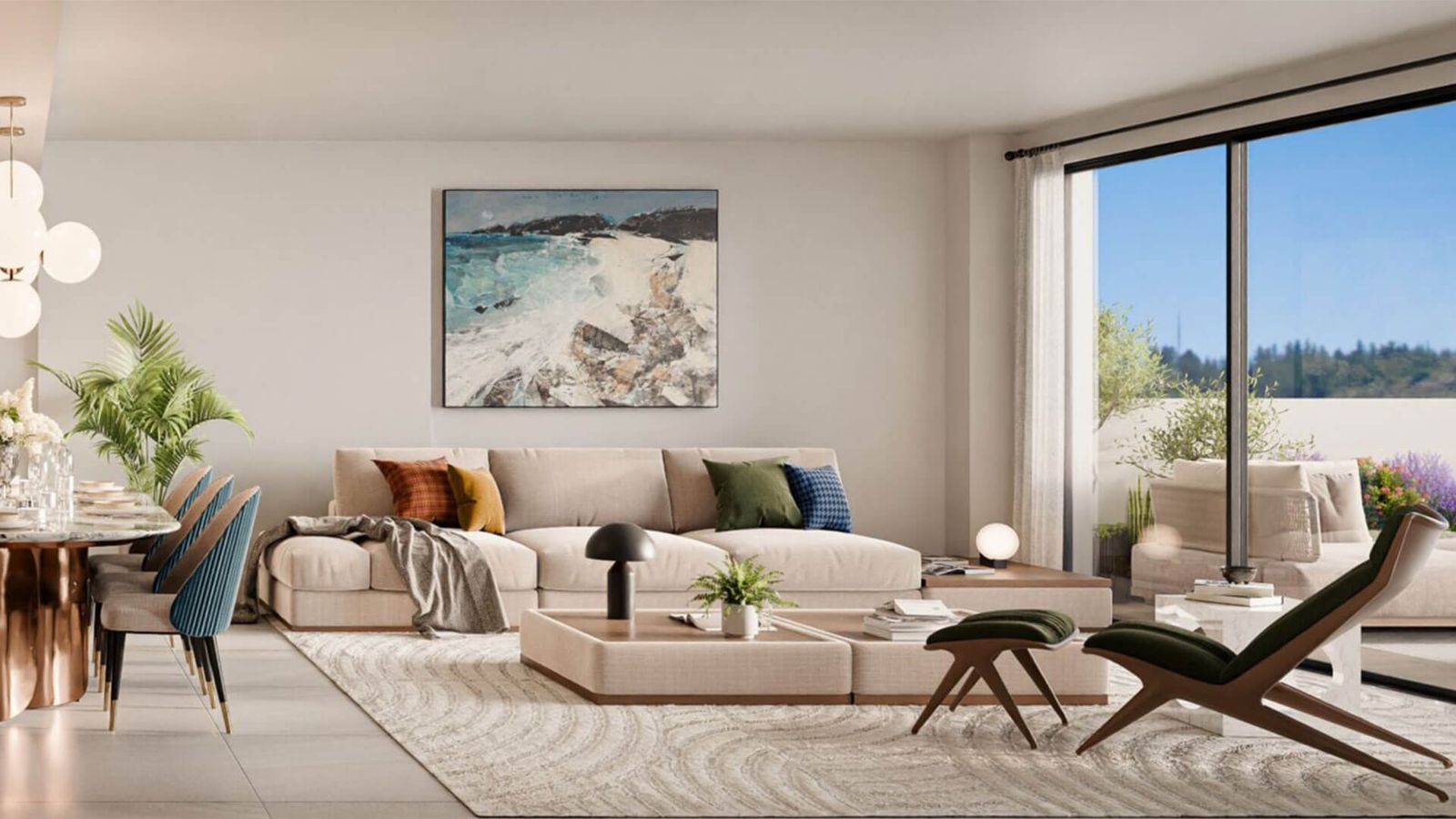 Moderne woon- en eetkamer met minimalistisch design en terras bij Soleil.