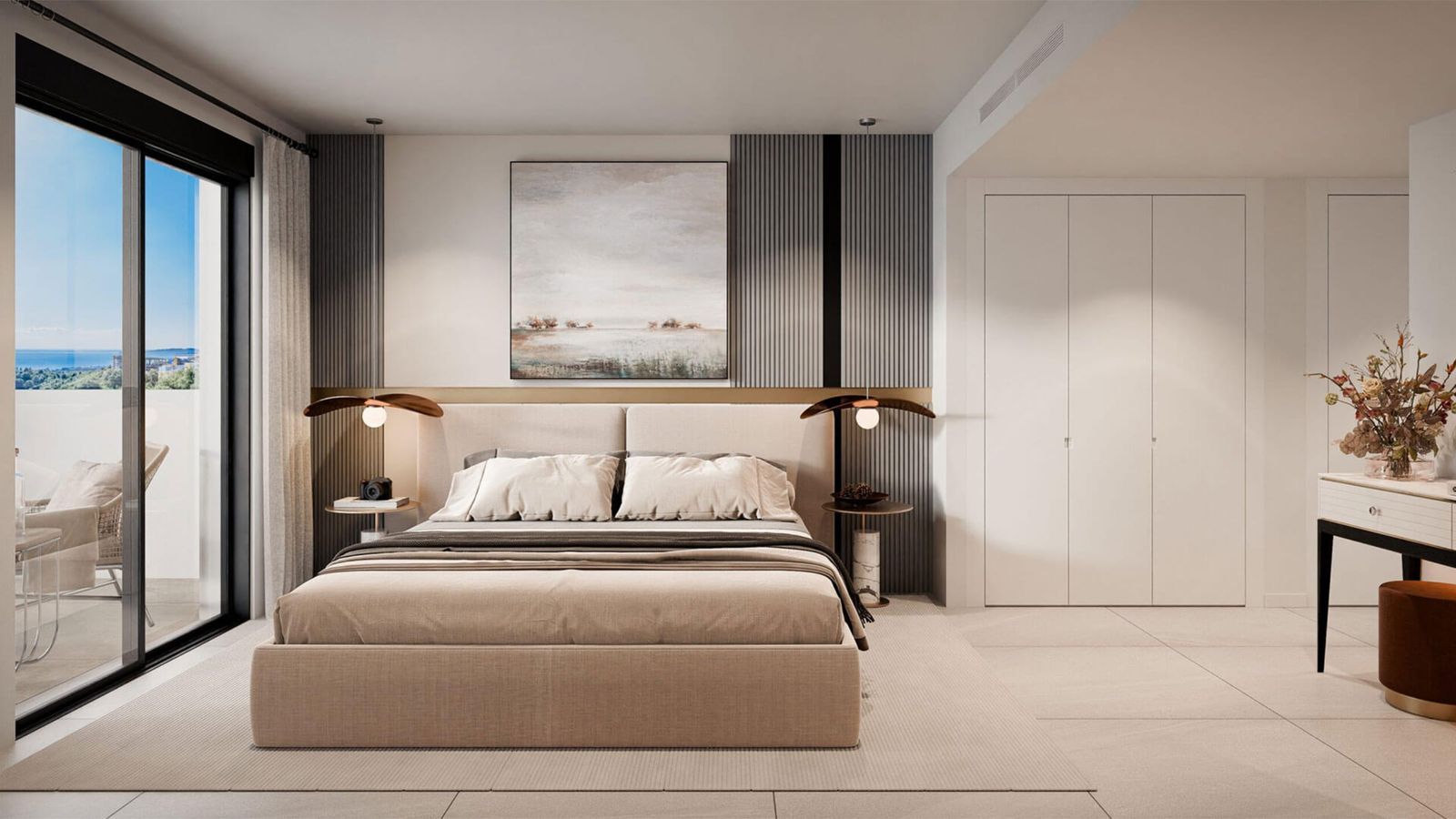 Moderne slaapkamer met balkon en uitzicht op zee