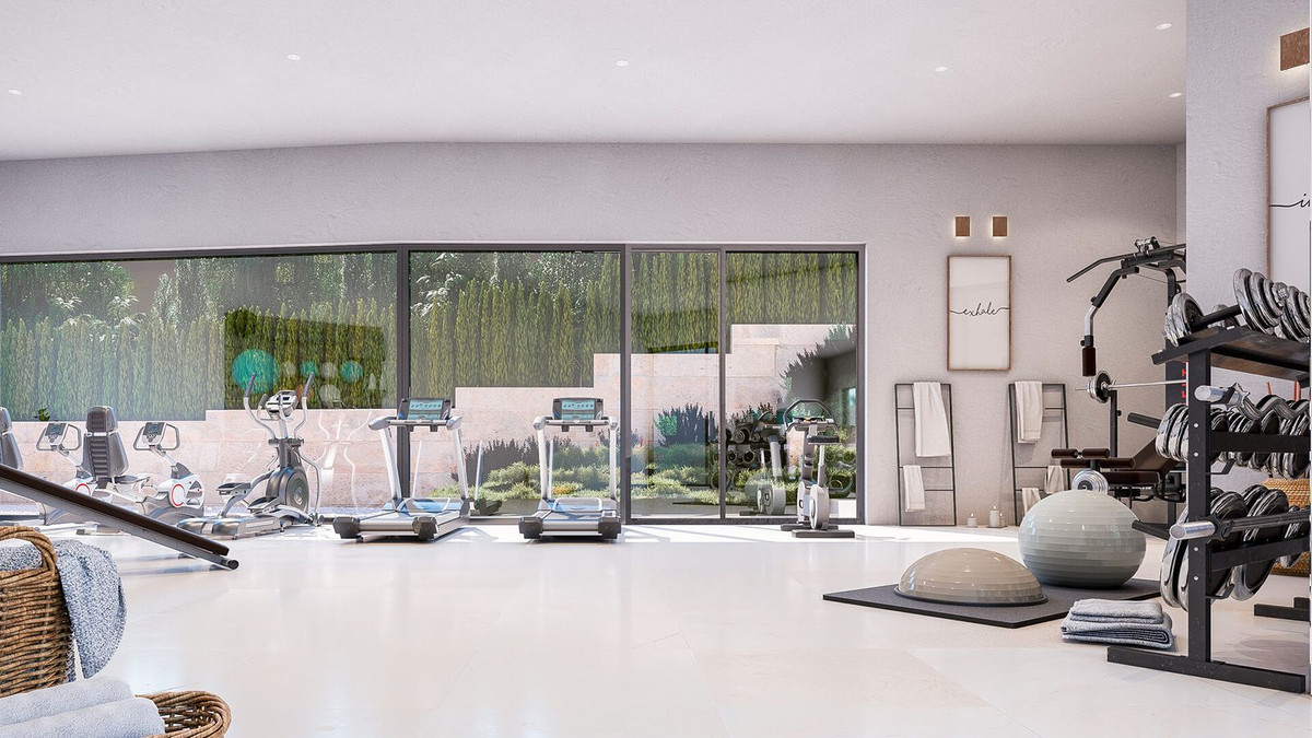 Moderne fitnessruimte met diverse trainingsapparatuur en uitzicht op de tuin.