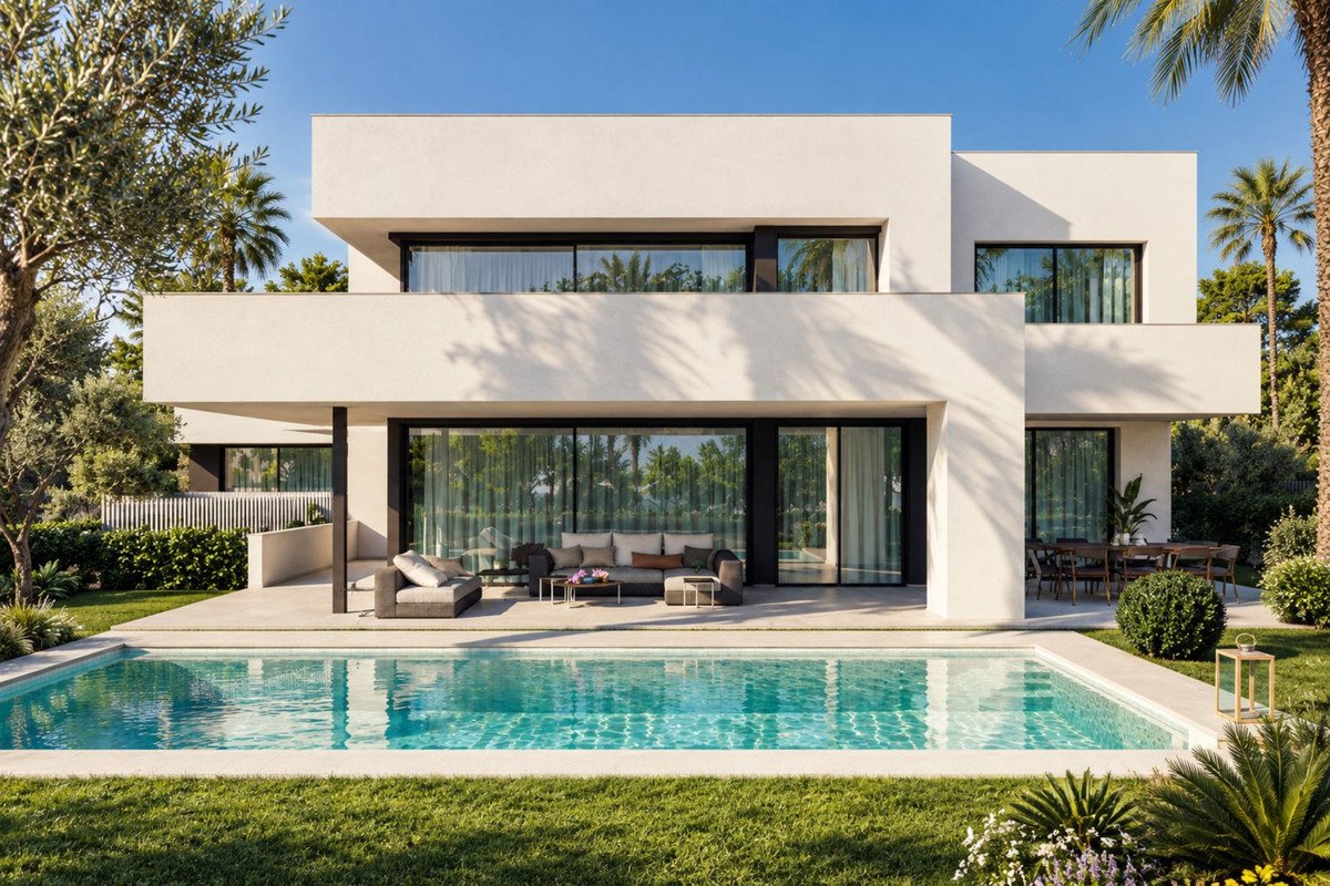 A modern white villa with a swimming pool and outdoor lounge area, surrounded by lush greenery and palm trees.
