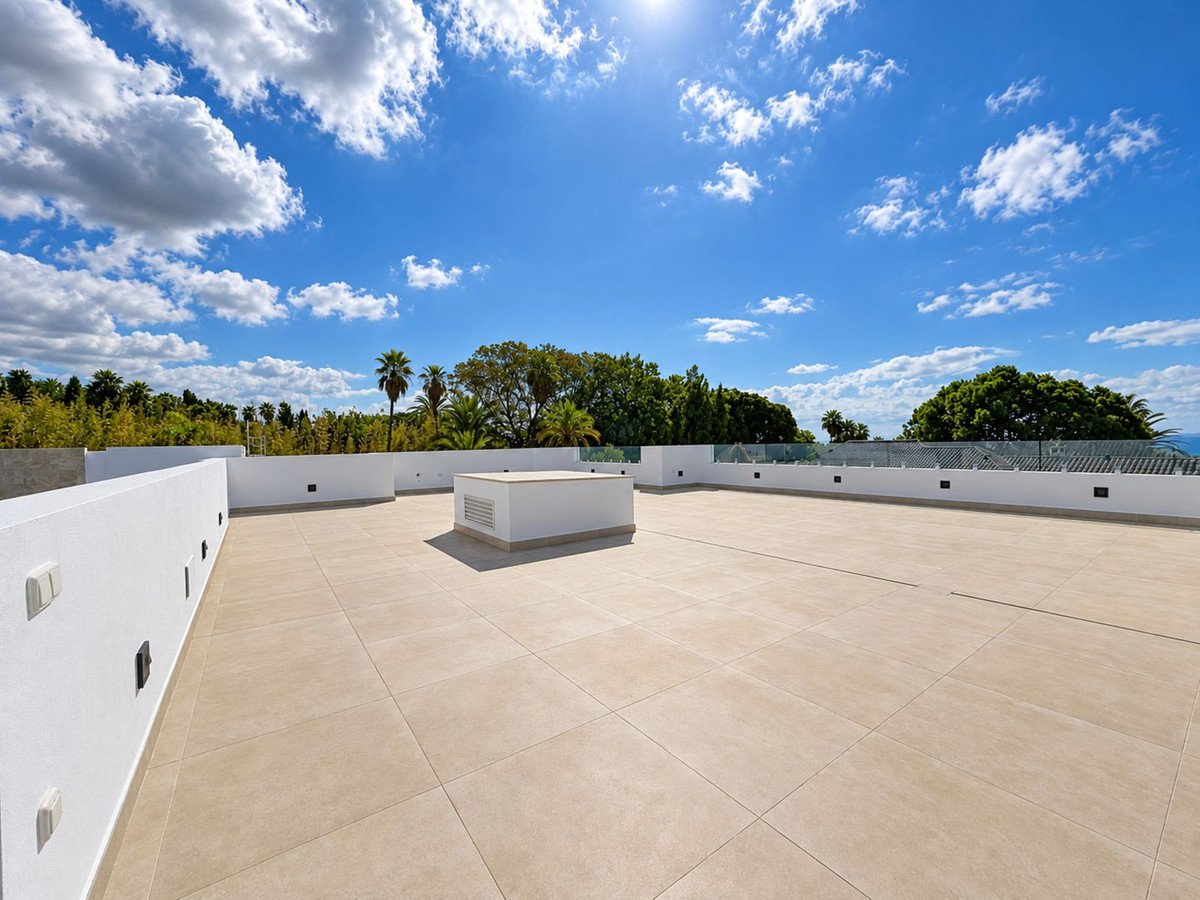 Spacious modern rooftop terrace with a panoramic view of lush palm trees and the distant sea on a sunny day.