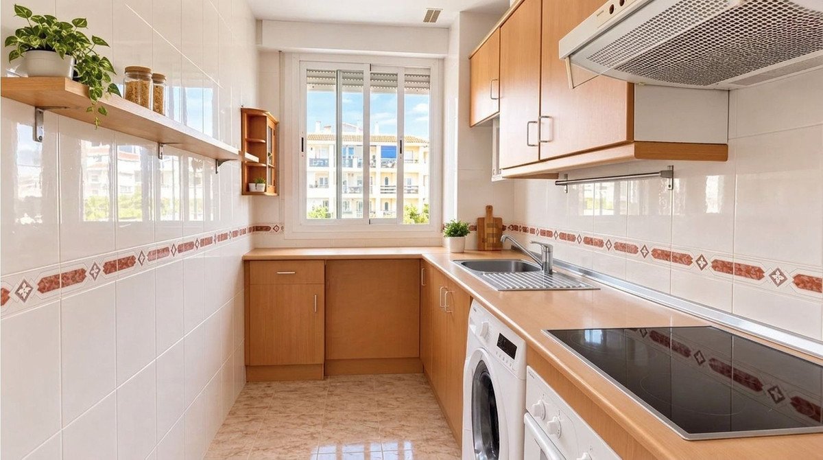 A bright kitchen with wooden cabinets, tiled walls, and a window view.