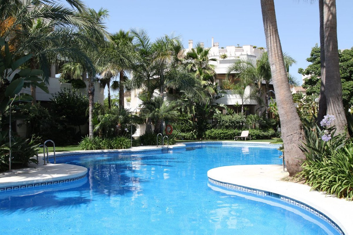 A large, sparkling blue swimming pool surrounded by lush tropical foliage and palm trees, with apartment buildings in the background.