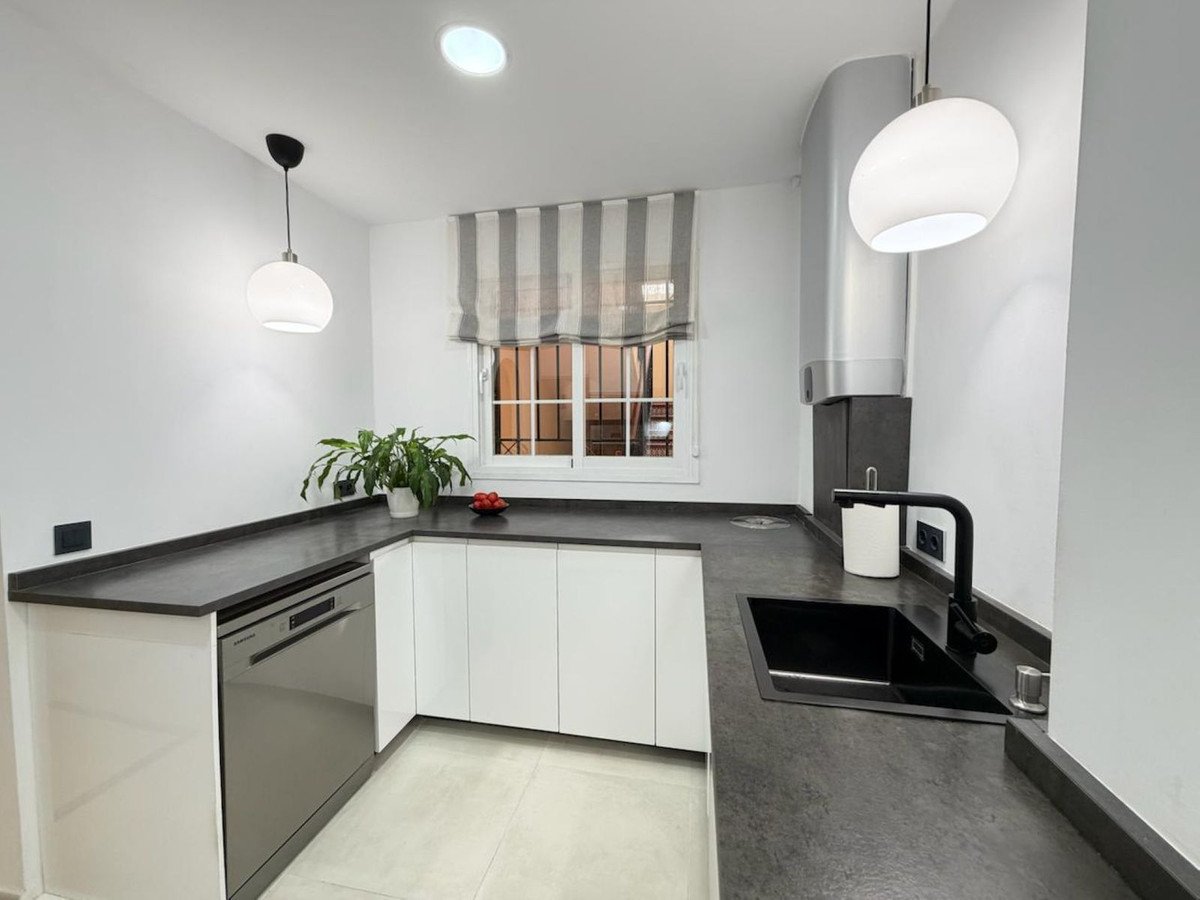 Modern kitchen featuring a dark countertop, stainless steel dishwasher, black sink, and white cabinetry. A plant sits on the counter near the window.
