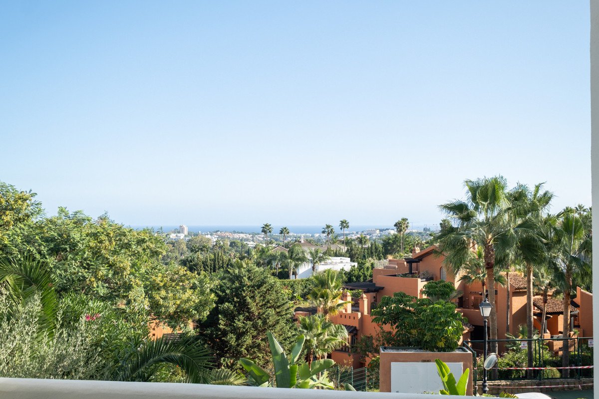 A scenic view of a tropical resort with palm trees, lush greenery, and a distant sea view under a clear blue sky.