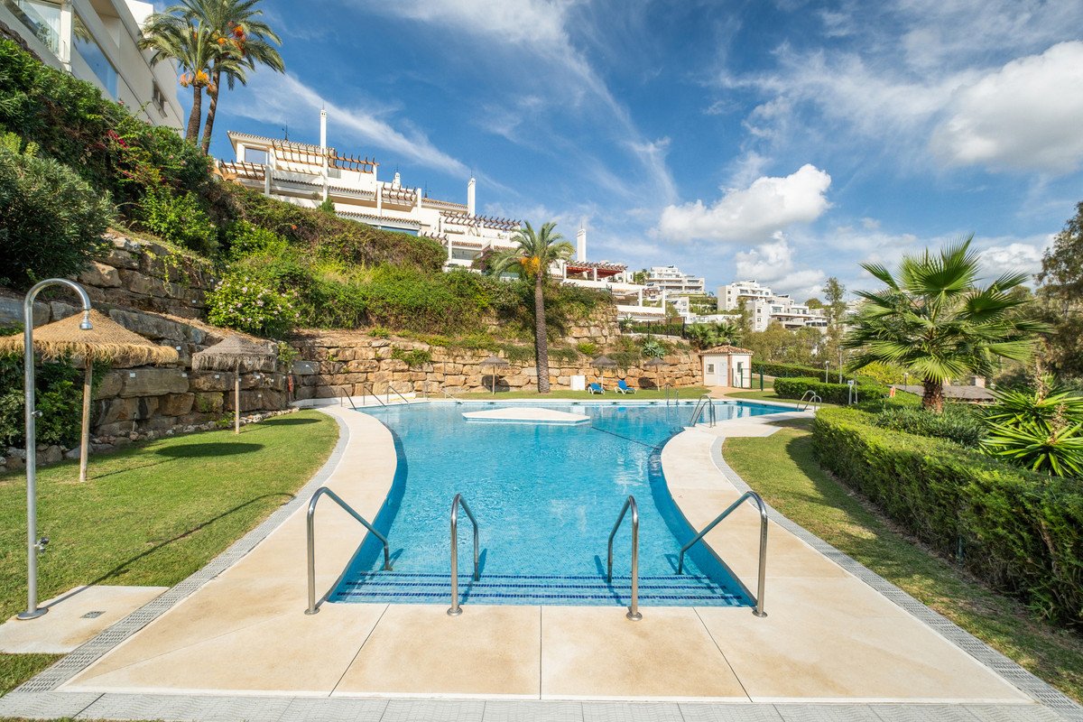 Curving swimming pool with steps and railings surrounded by green grass, tropical plants, and resort buildings on a hill.