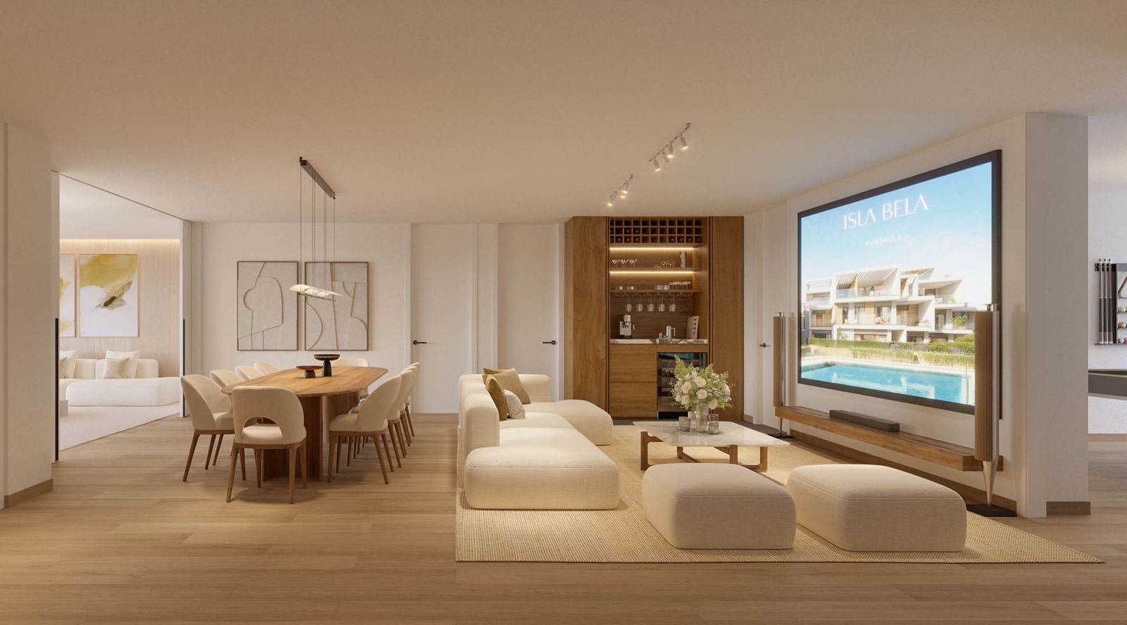 Luxe woon- en eetkamer in Isla Bela Marbella met modern interieur.