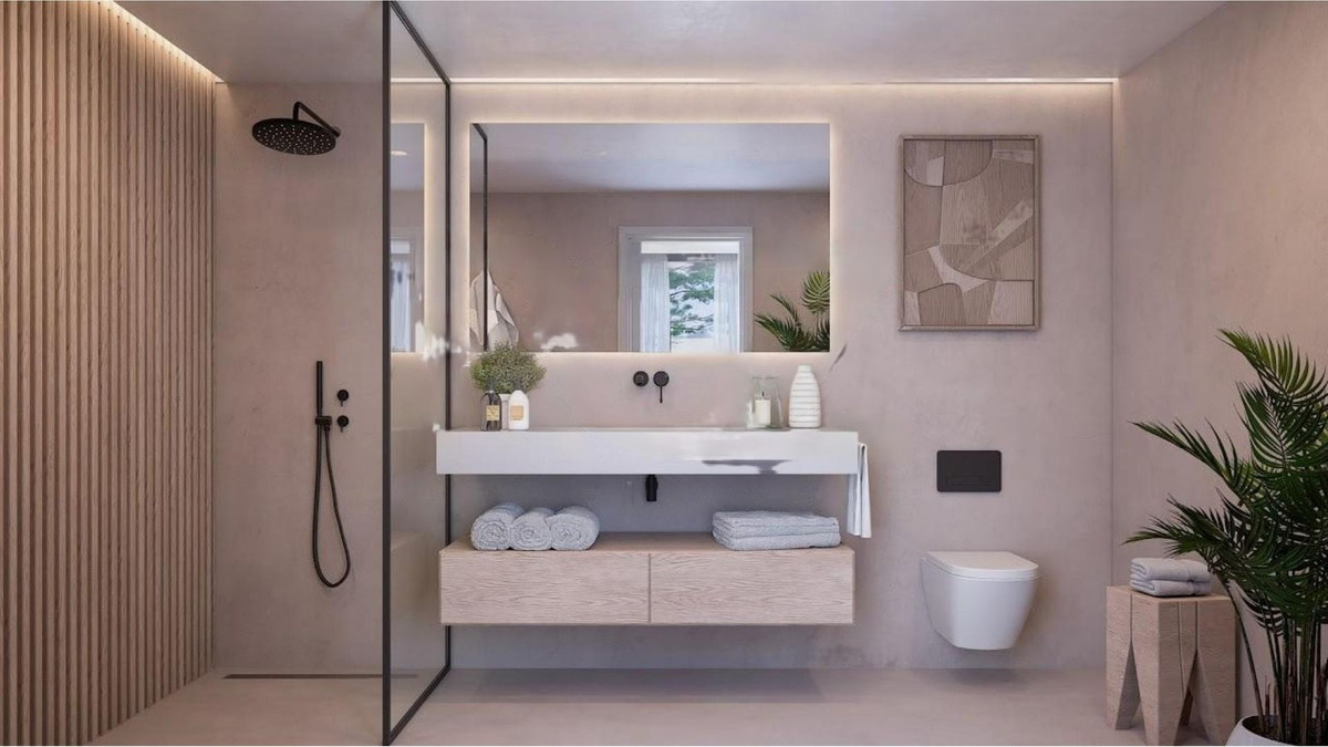 Moderne badkamer met inloopdouche en strak design wastafelmeubel