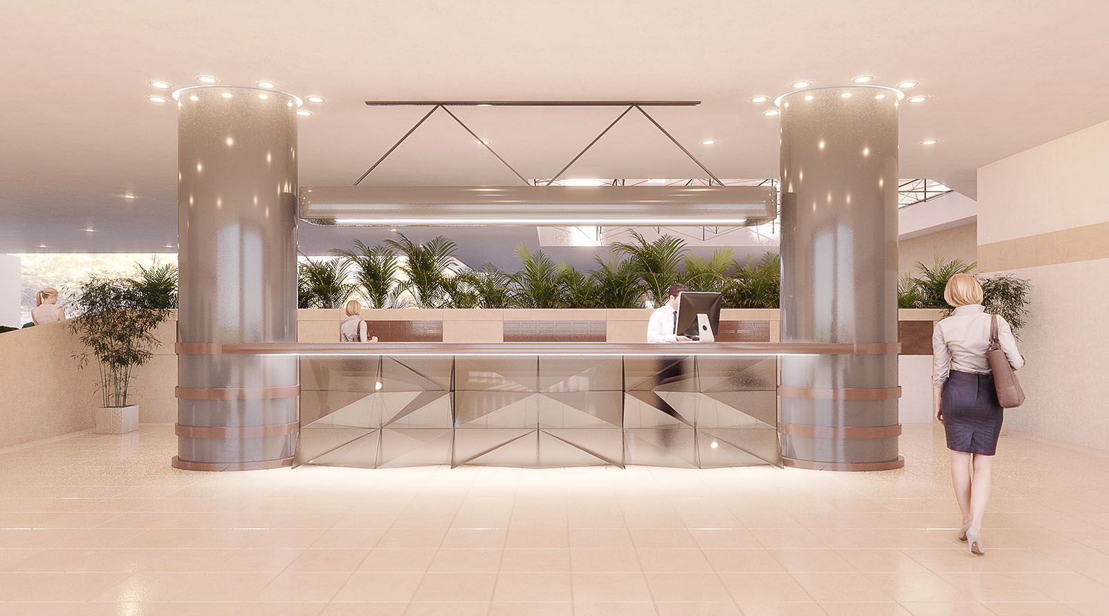 Hotel lobby receptie met modern design en planten.