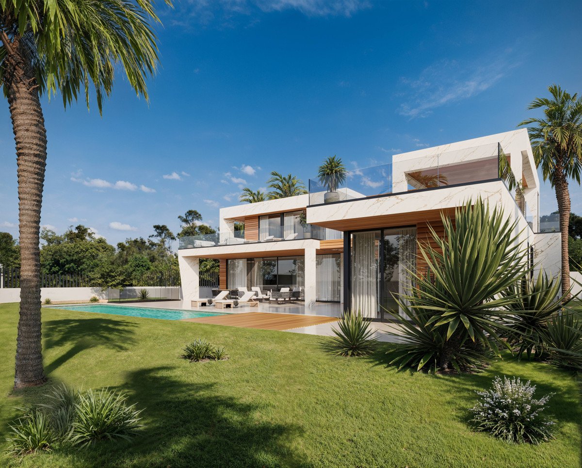 Modern villa with pool, garden, and palm trees under blue sky