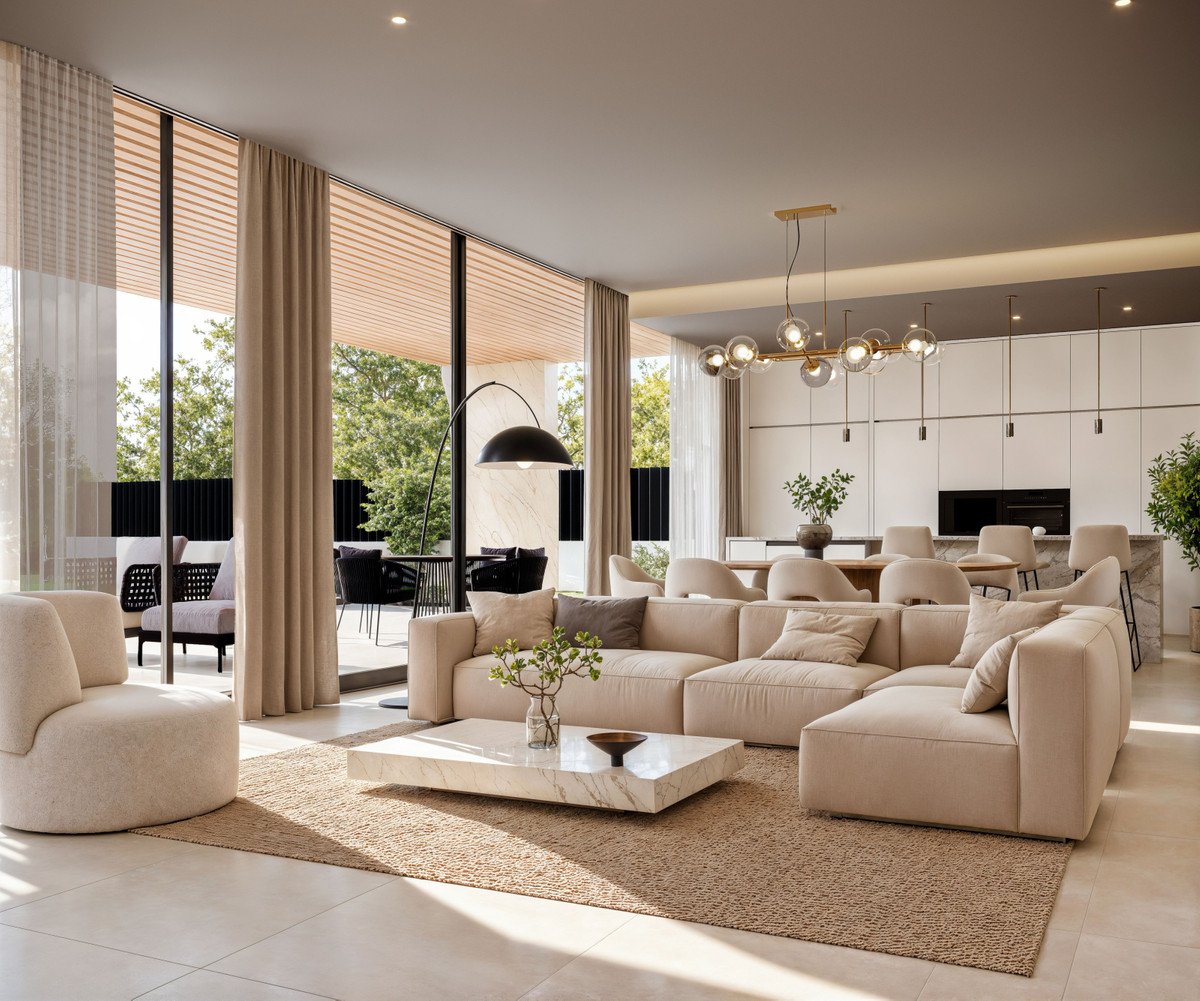 Modern living room with large windows, beige sofa, and open kitchen view
