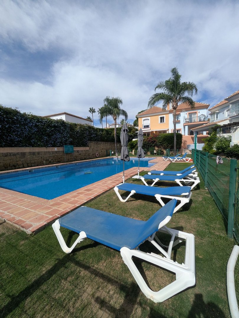 A swimming pool with blue loungers and umbrellas on a sunny day, surrounded by palm trees and residential buildings.