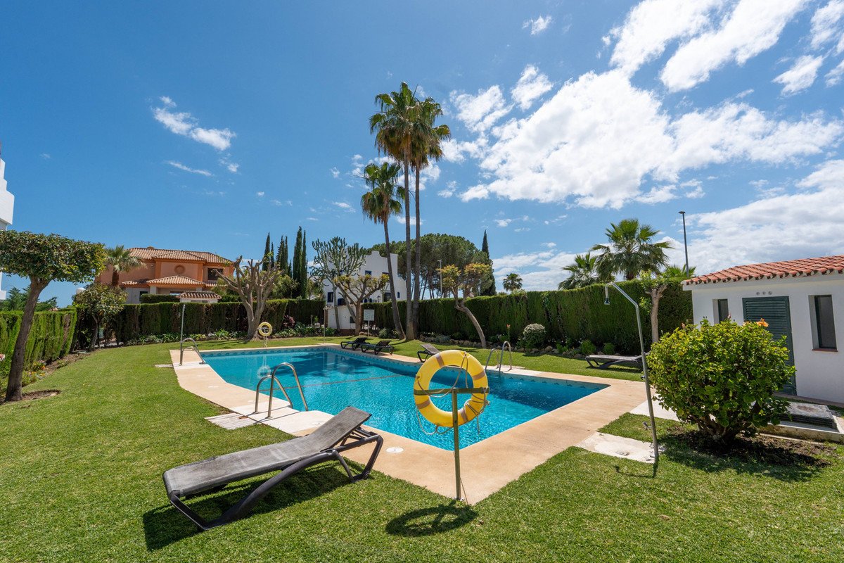 Outdoor swimming pool with lounge chairs and palm trees on a sunny day with blue sky and clouds.