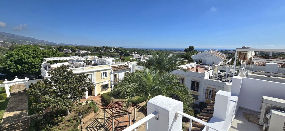 Rooftop view of villa with sea and mountain views, palm trees, and surrounding homes