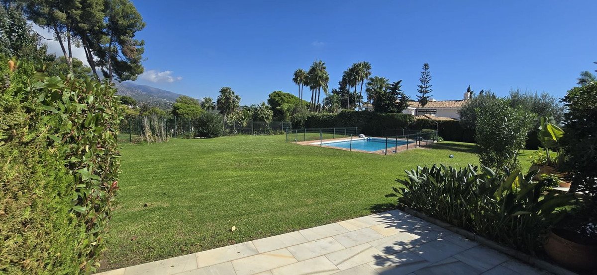 Spacious green lawn with a blue swimming pool, palm trees, and a distant mountain view under a clear blue sky.