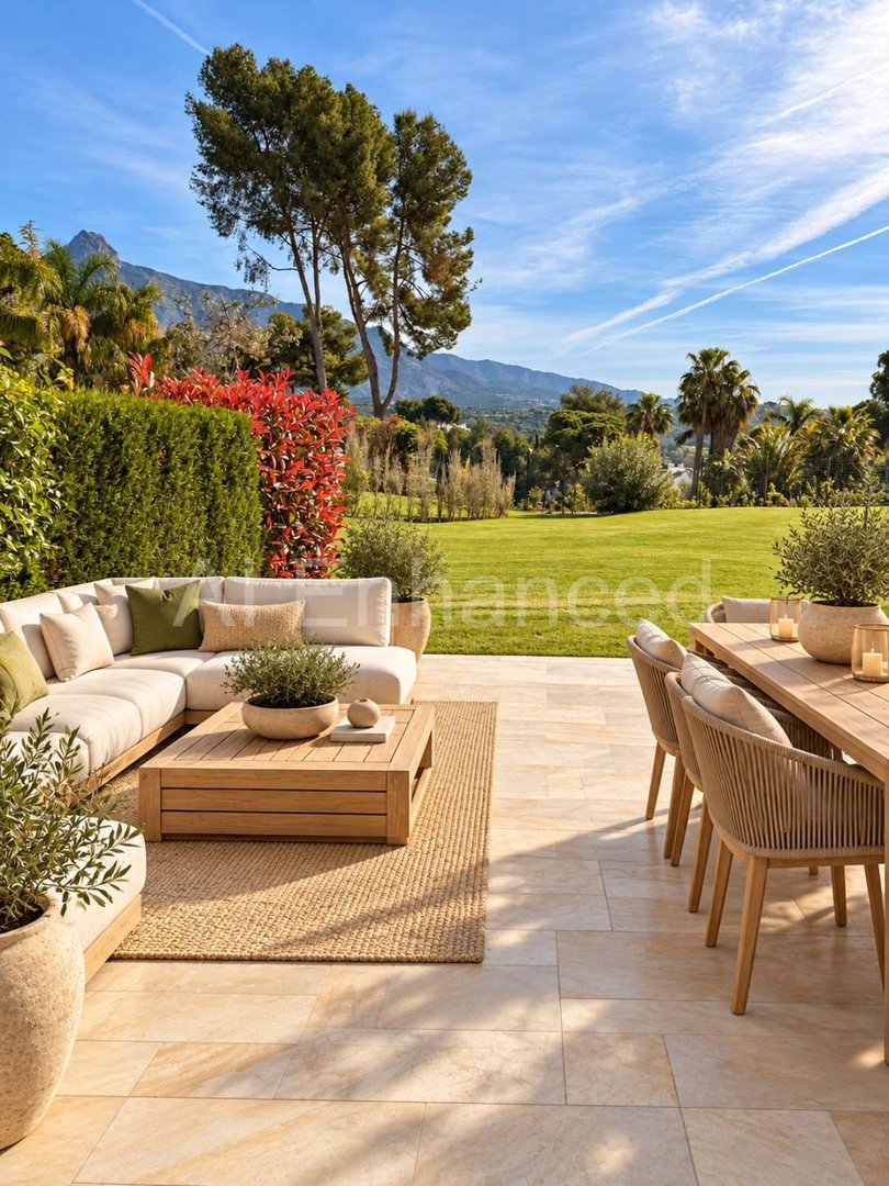 Outdoor lounge and dining area with mountain and garden views