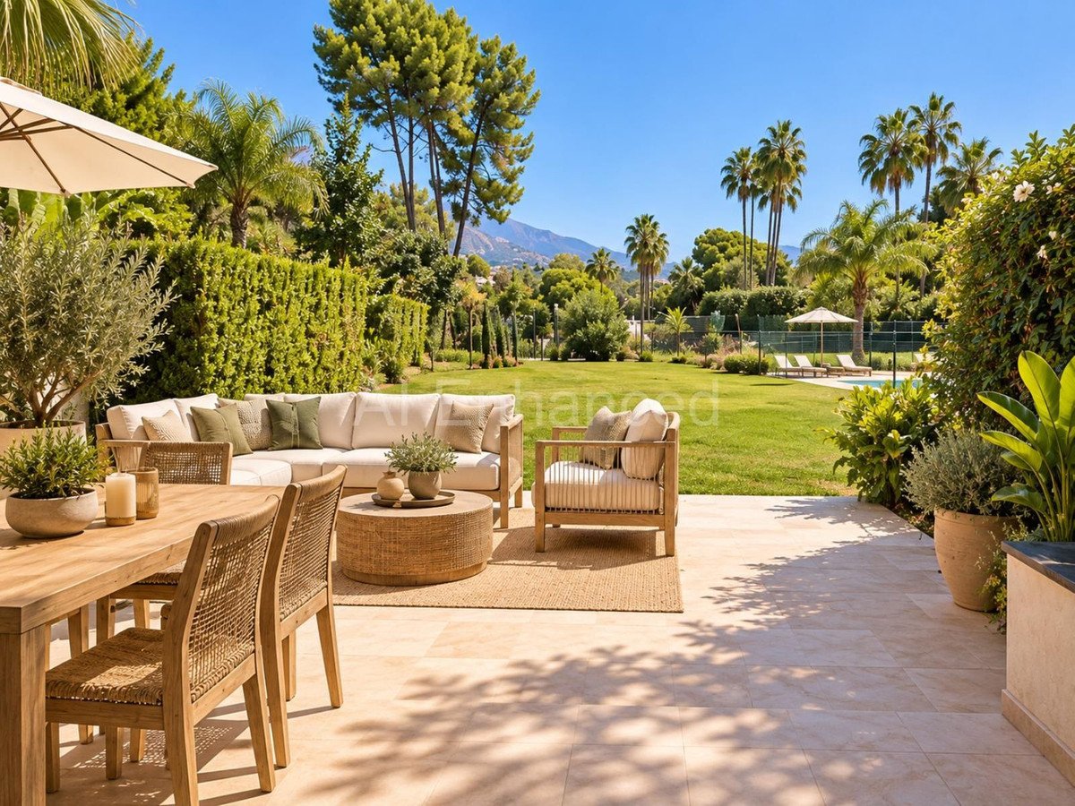 Outdoor patio with lounge furniture, dining set, and pool view