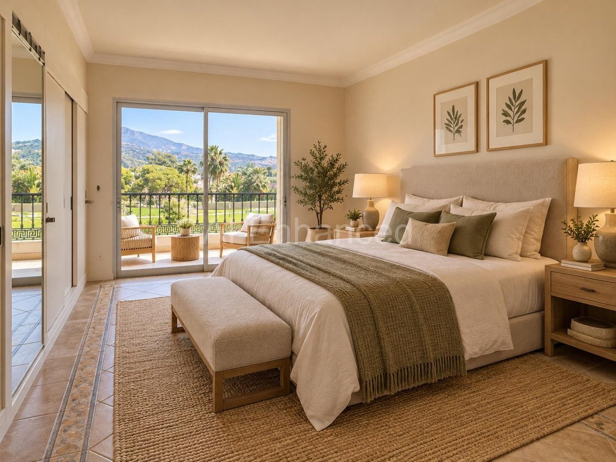 Spacious master bedroom with mountain view and balcony access